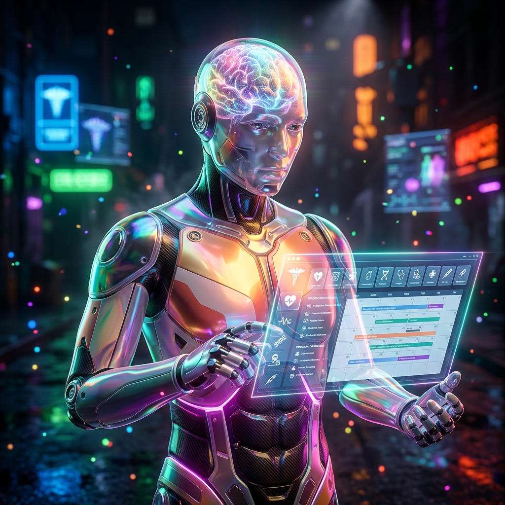 ClinicForge Studio — Healthcare Production Suite — Health category hero — translucent glass humanoid figure with a glowing neural-network brain visible inside its head in neon-lit cyberpunk street at night, wet pavement reflections, hovering holograms in the background