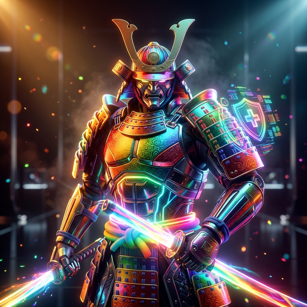 ClinicLedger · Compliance Intelligence Ledger — Health category hero — majestic samurai-styled mech in lacquered armor with neon under-glow, katana of light in hand in chrome-and-glass showroom with mirrored floor and rim-lit product staging