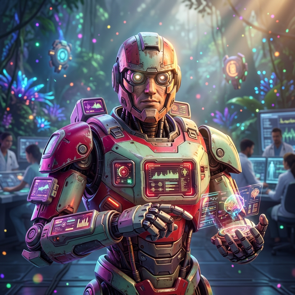 ClinicPulse Command — Telehealth & Patient Portal — Health category hero — war-worn but heroic mech pilot robot with painted panels, weathered detail, cinematic hero lighting in alien jungle biome with glowing flora and floating tech artifacts