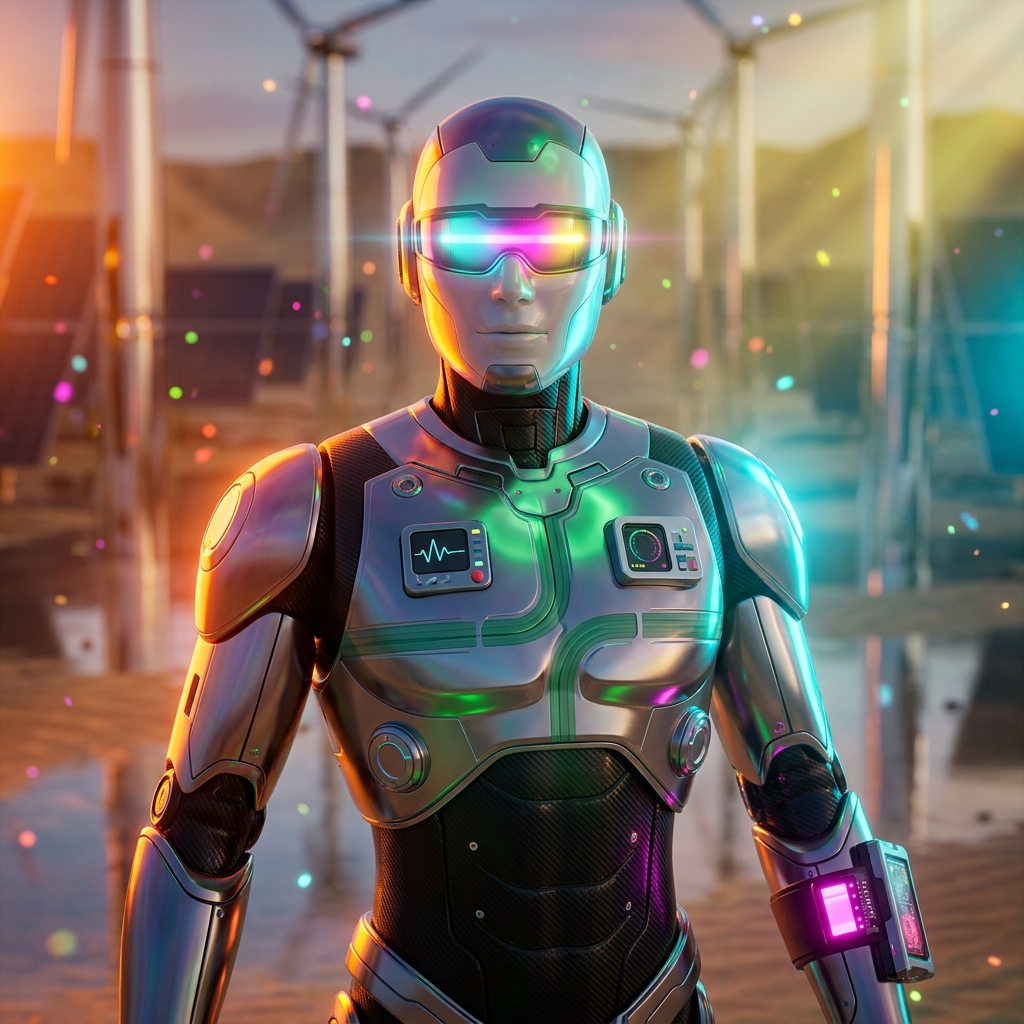 CliniGrid — Healthcare Field Operations — Health category hero — hyper-detailed humanoid robot with glossy plating and glowing visor eyes, striking a confident hero pose in the center of the frame in desert solar farm at magic hour with reflective sand and towering chrome pylons