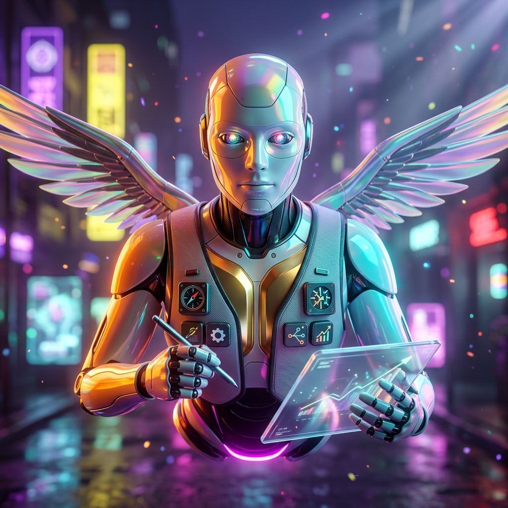 CoachPilot — Mission Control for Coaching & Consulting Managemen — Life Coaching & Personal Development category hero — courier-style android with iridescent wings unfurled, mid-flight silhouette against the environment in neon-lit cyberpunk street at night, wet pavement reflections, hovering holograms in the background