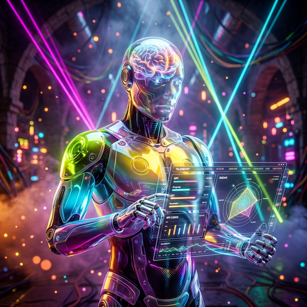 Codeboot Mission Cockpit — Coding Bootcamp Command — Coding Bootcamp category hero — translucent glass humanoid figure with a glowing neural-network brain visible inside its head in underground rave-like data cathedral with laser beams cutting through smoke