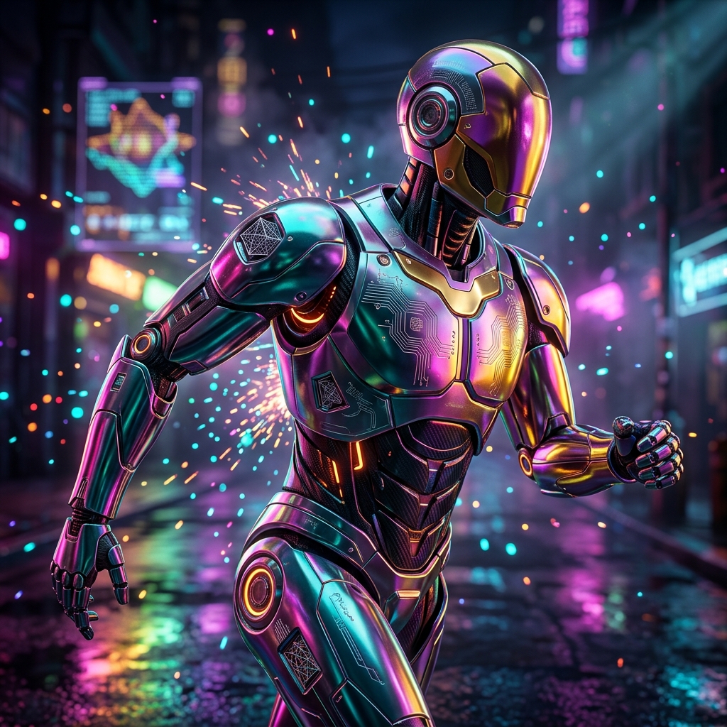 CodePrimus | Compliance Intelligence Ledger for Engineering Team — 3D Modeling category hero — chrome-plated bipedal android caught mid-motion, sparks and light particles trailing around it in neon-lit cyberpunk street at night, wet pavement reflections, hovering holograms in the background