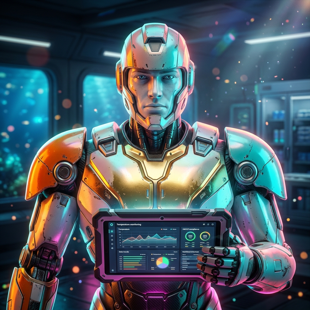 ColdChain Command | HACCP & Food Safety Compliance Terminal — Food Nutrition category hero — war-worn but heroic mech pilot robot with painted panels, weathered detail, cinematic hero lighting in deep-sea research bay with bulkhead windows onto a bioluminescent ocean