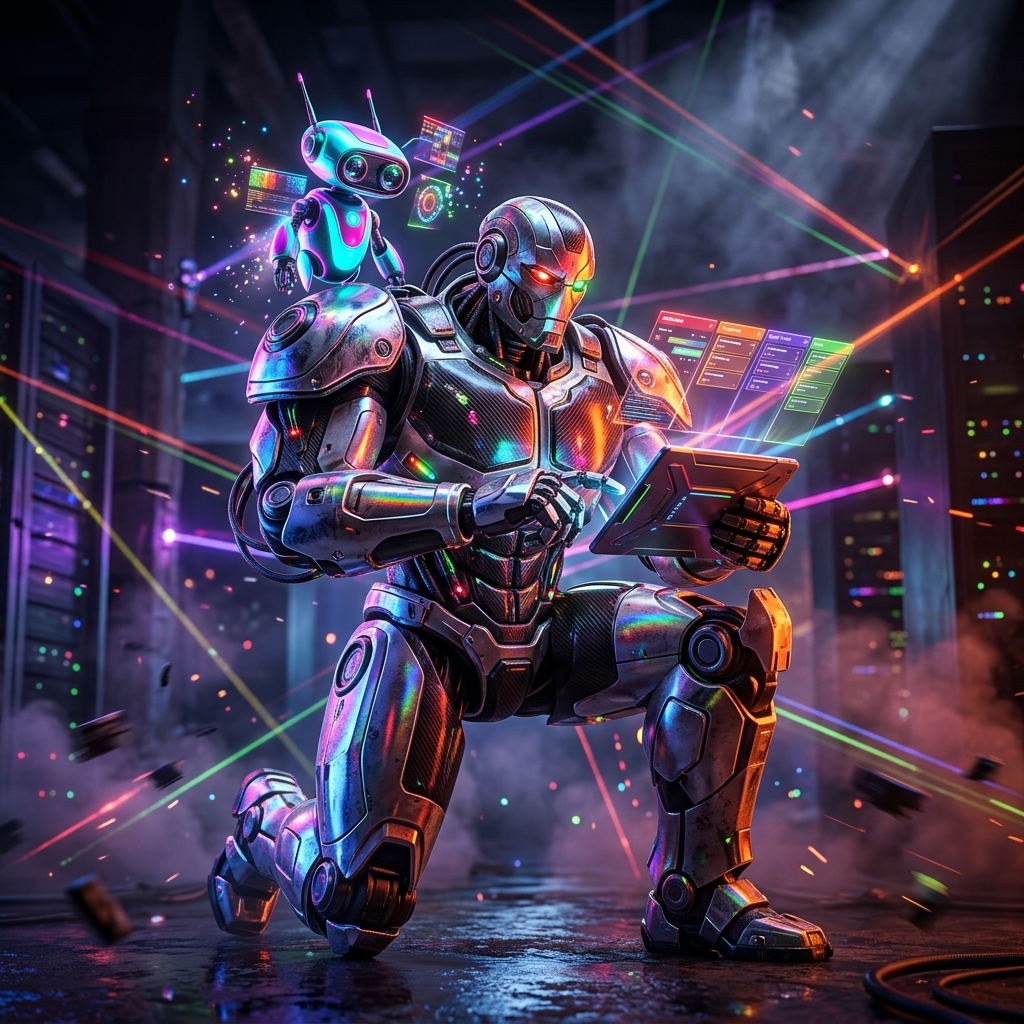 Command Canvas · Studio Production Suite — Animation category hero — duo of contrasting robots — one large hero mech and a small companion droid — composed cinematically in underground rave-like data cathedral with laser beams cutting through smoke