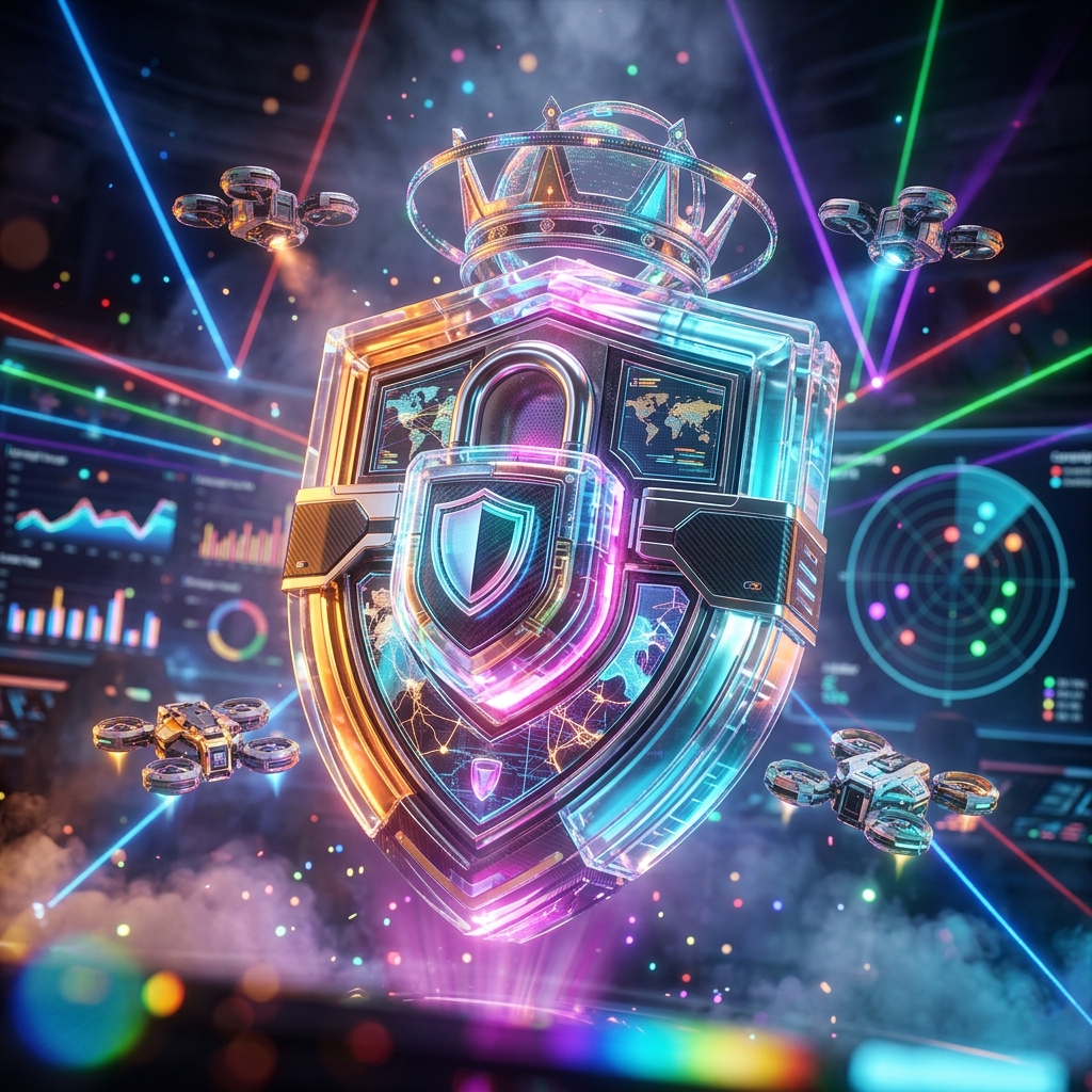 Commandeer — Affiliate Mission Control — Affiliate Marketing category hero — glowing digital shield / padlock / crown / crystal object at the frame center, protected by hovering tech drones in underground rave-like data cathedral with laser beams cutting through smoke