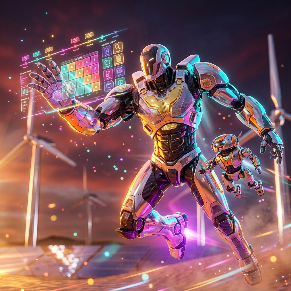 Compliance Atlas — Legal Matter & Audit Command — Legal category hero — duo of contrasting robots — one large hero mech and a small companion droid — composed cinematically in desert solar farm at magic hour with reflective sand and towering chrome pylons
