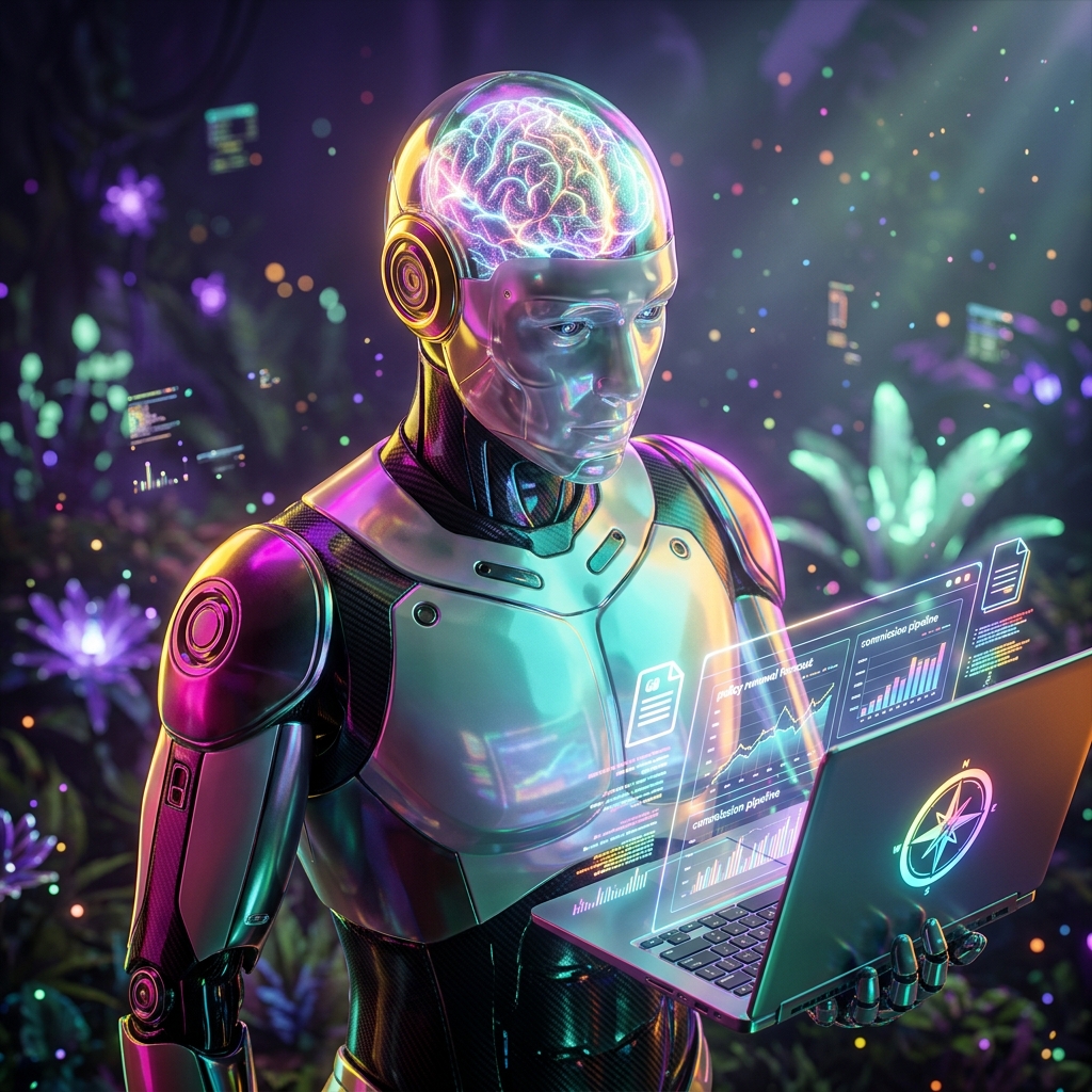 Compliance Compass | Insurance Agency Management — Business Management category hero — translucent glass humanoid figure with a glowing neural-network brain visible inside its head in alien jungle biome with glowing flora and floating tech artifacts