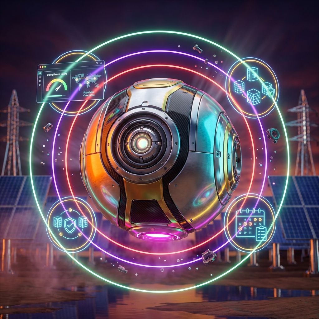 Compliance Intelligence Ledger | AssuranceGrid — Business Management category hero — floating spherical AI orb with concentric glowing rings and orbiting holographic icons around it in desert solar farm at magic hour with reflective sand and towering chrome pylons