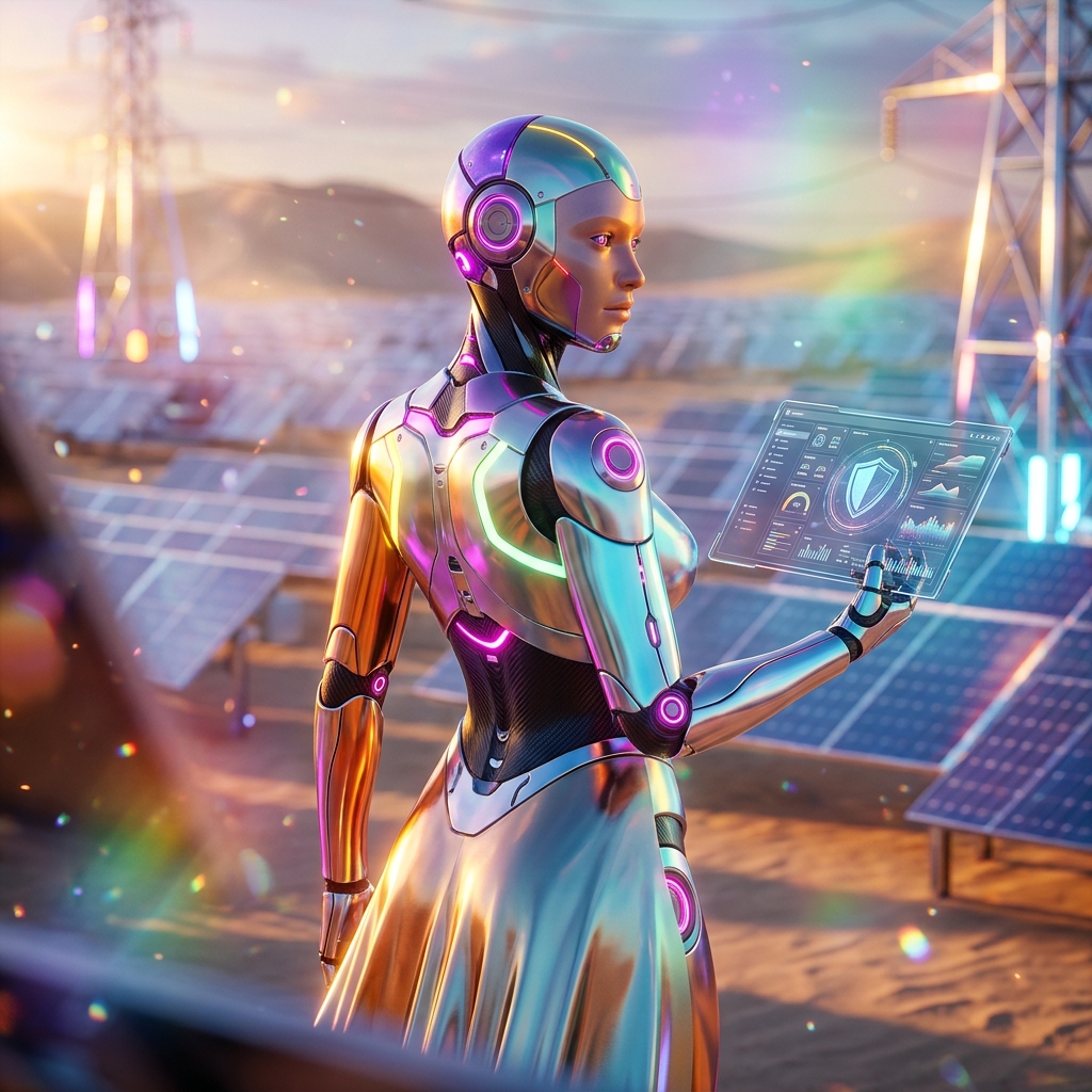 Compliance Intelligence Ledger | RuleVault — Business Management category hero — elegant fashion-forward android in flowing reflective couture fabric, editorial pose in desert solar farm at magic hour with reflective sand and towering chrome pylons