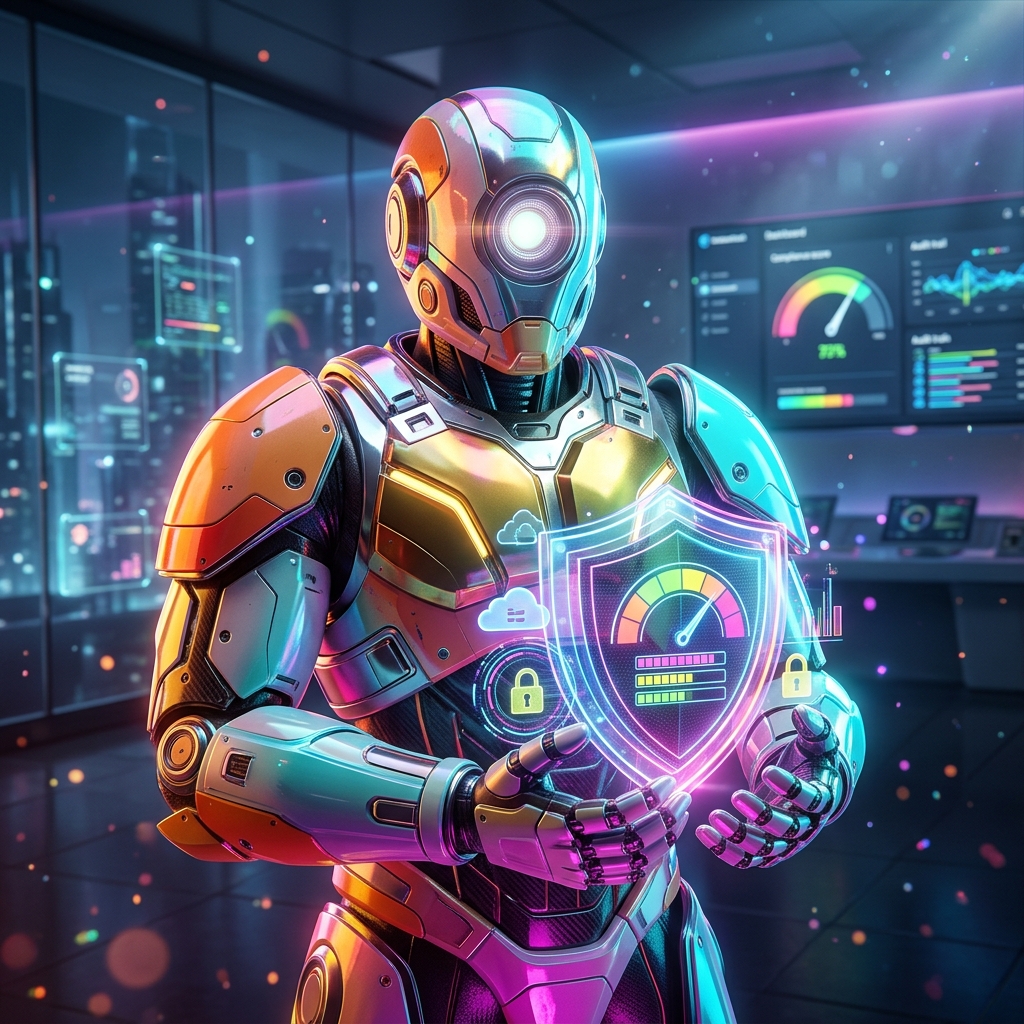 Compliance Intelligence Ledger | StratosVault — Antivirus & Cybersecurity category hero — heavily armored guardian robot holding a symbolic emblem of the category with both hands in sleek high-tech laboratory with glass walls, floating data panels and particle light