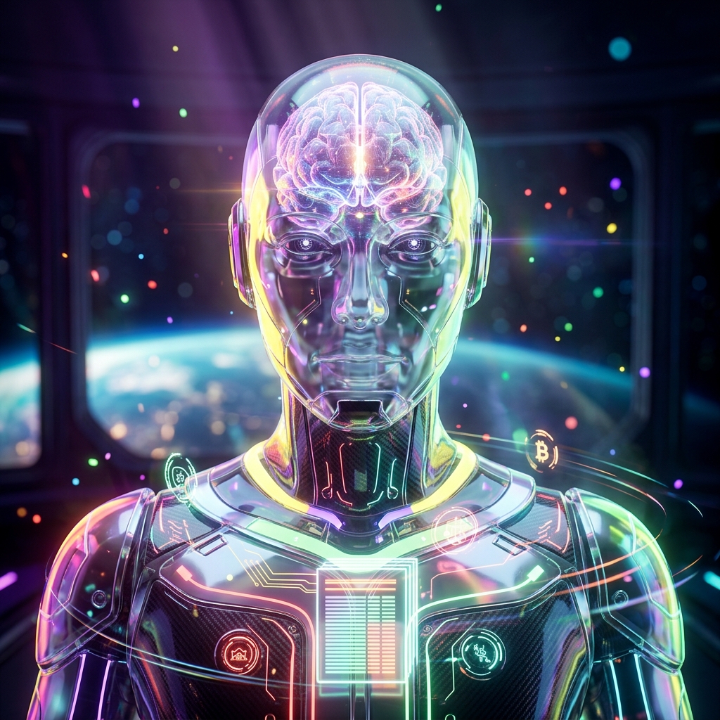 Compliance Ledger | NLP Audit Intelligence — Natural Language Processing category hero — translucent glass humanoid figure with a glowing neural-network brain visible inside its head in orbital space station observation deck with a planet glowing outside the panoramic window