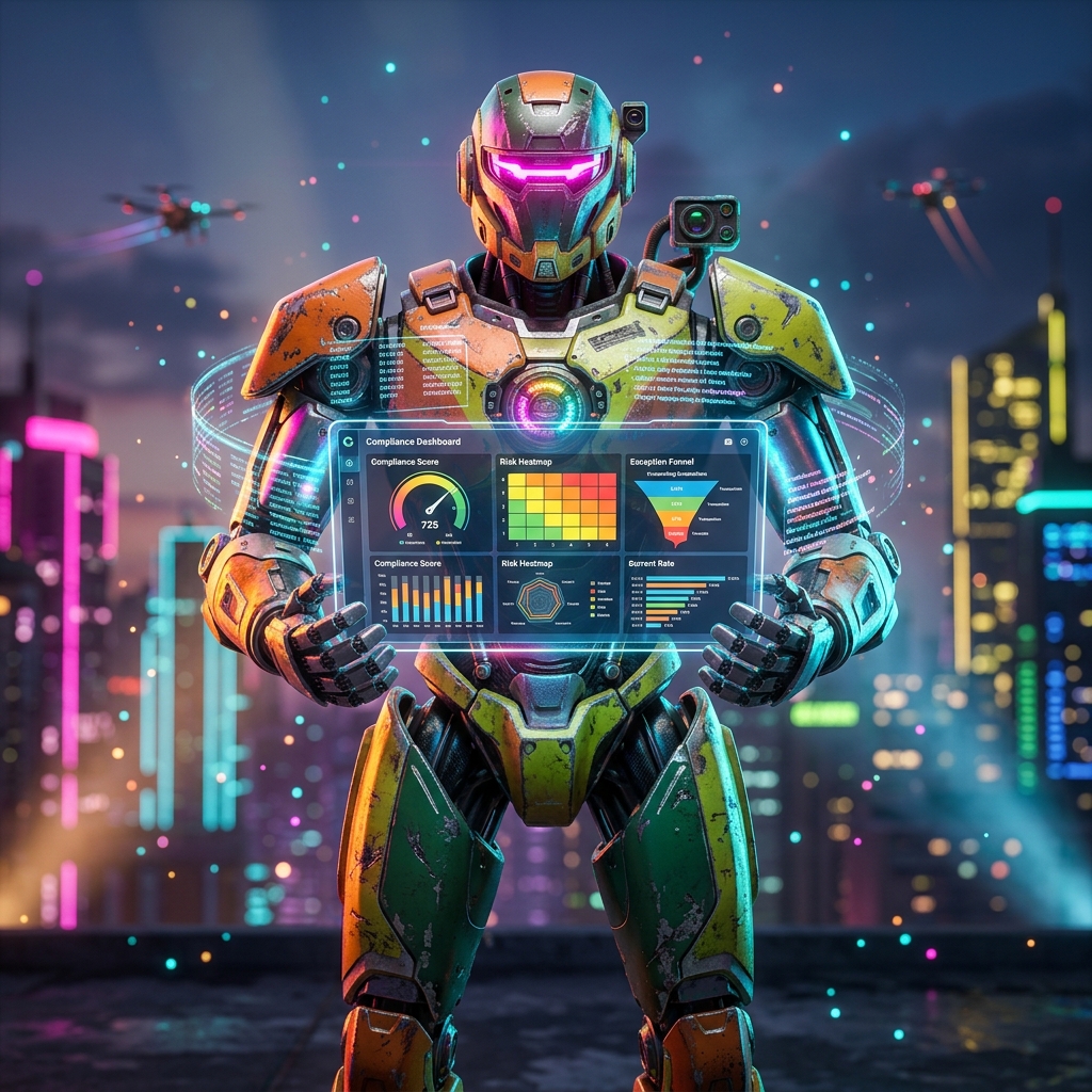 Compliance Ledger Pro — Accounting category hero — war-worn but heroic mech pilot robot with painted panels, weathered detail, cinematic hero lighting in rooftop overlooking a neon megacity skyline at dusk, drones flying in the distance