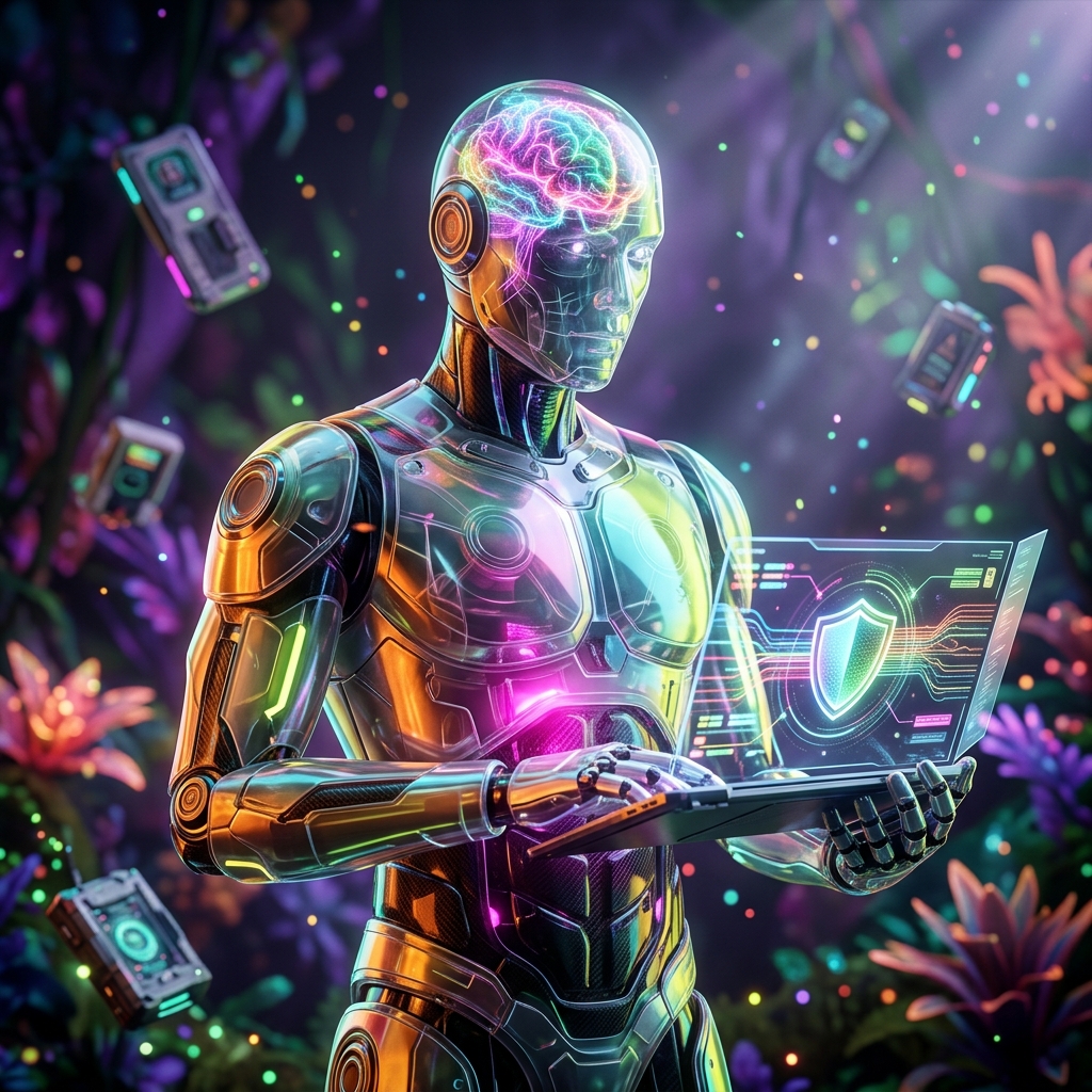 Compliance Ledger Pro | Audit Intelligence โ 3D Modeling category hero โ translucent glass humanoid figure with a glowing neural-network brain visible inside its head in alien jungle biome with glowing flora and floating tech artifacts