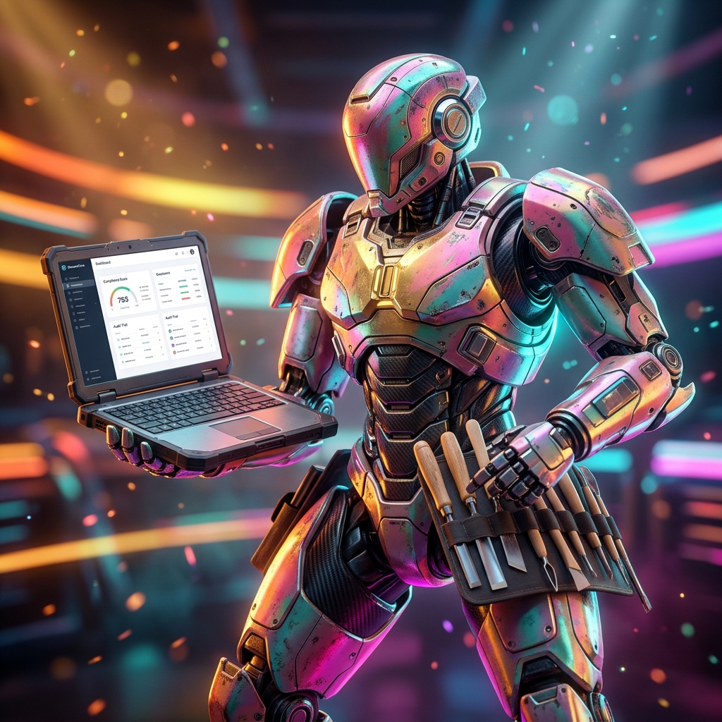 Compliance Ledger | StewardCore — Accounting category hero — war-worn but heroic mech pilot robot with painted panels, weathered detail, cinematic hero lighting in Formula-1 style pit garage with saturated color lighting and mechanical detail