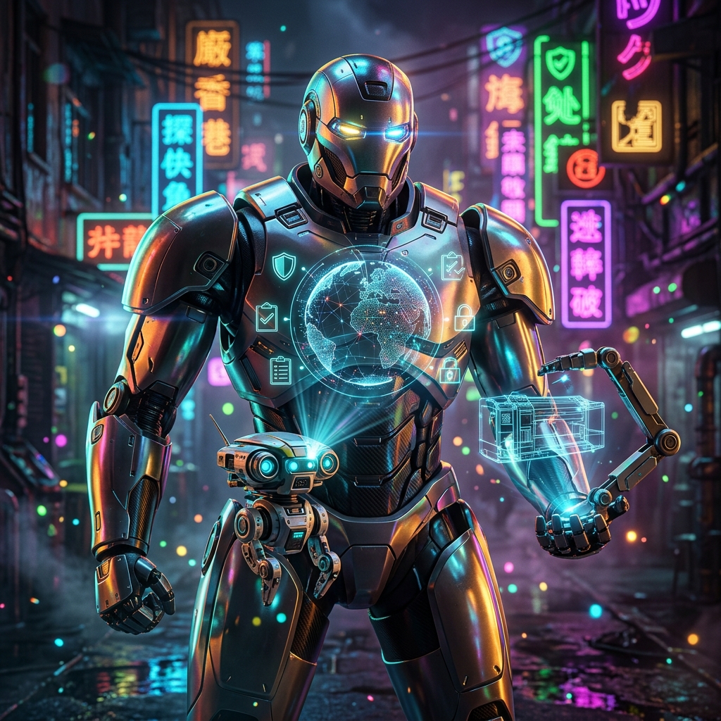 Compliance Sentinel | AR/VR Audit Intelligence — AR/VR category hero — duo of contrasting robots — one large hero mech and a small companion droid — composed cinematically in Blade-Runner-style noodle-shop alley with dense neon signage in the background