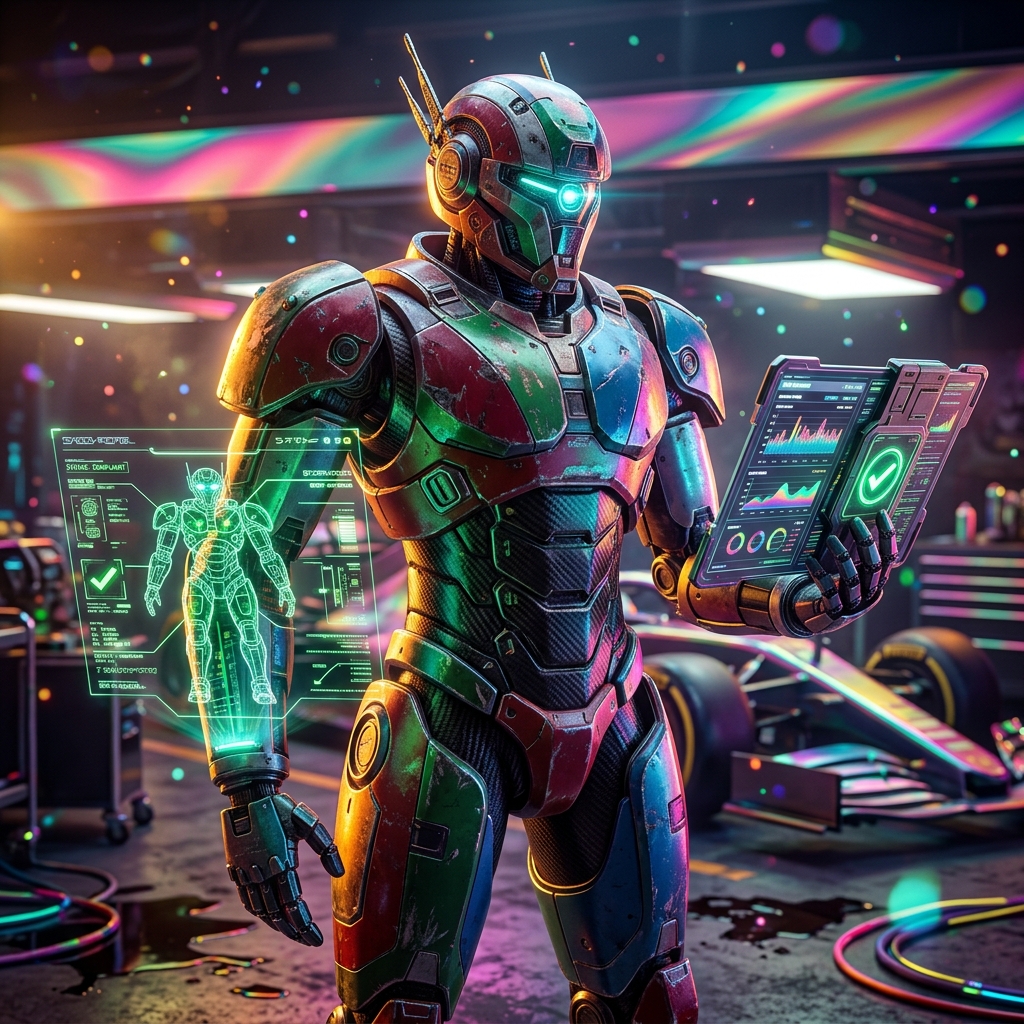 ComplyCore — Compliance Intelligence Ledger — 3D Modeling category hero — war-worn but heroic mech pilot robot with painted panels, weathered detail, cinematic hero lighting in Formula-1 style pit garage with saturated color lighting and mechanical detail