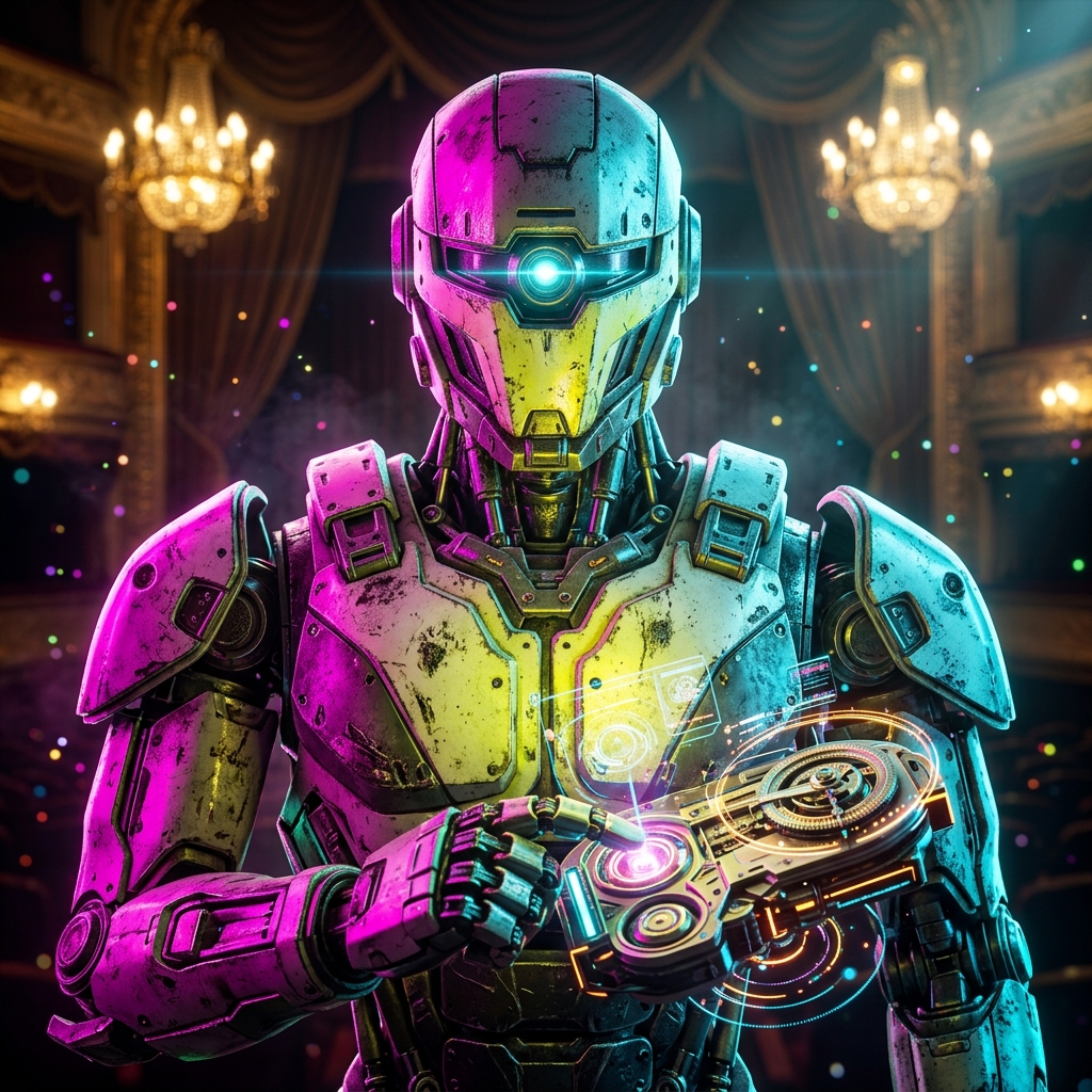 ComplyGrid | Compliance Intelligence Ledger โ Accounting category hero โ war-worn but heroic mech pilot robot with painted panels, weathered detail, cinematic hero lighting in golden-lit theater interior with heavy velvet curtains and cinematic chandeliers