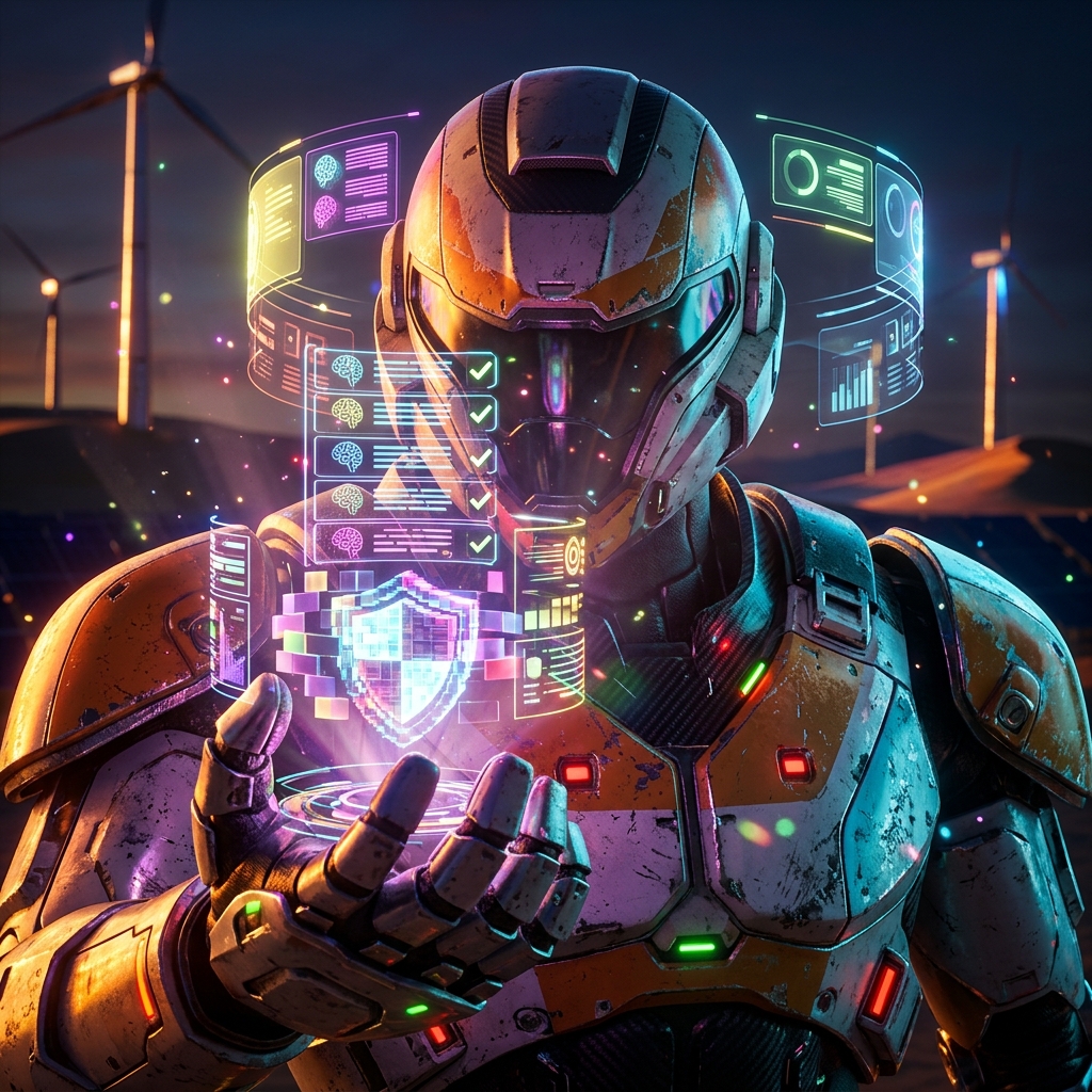 ComplyLedger — Compliance Intelligence Ledger — 3D Modeling category hero — war-worn but heroic mech pilot robot with painted panels, weathered detail, cinematic hero lighting in desert solar farm at magic hour with reflective sand and towering chrome pylons