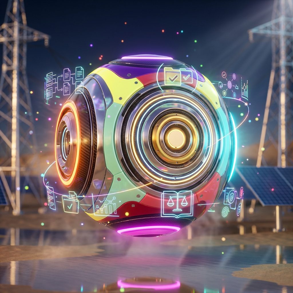 ComplyLedger · Recruitment Compliance Intelligence — HR & Recruiting category hero — floating spherical AI orb with concentric glowing rings and orbiting holographic icons around it in desert solar farm at magic hour with reflective sand and towering chrome pylons