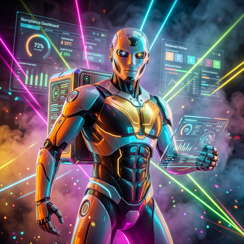ComplyLedger — Restaurant Compliance Intelligence Ledger — Delivery category hero — sleek sports-car-inspired bipedal android mid-motion, carbon-fiber musculature and glowing accent lines in underground rave-like data cathedral with laser beams cutting through smoke