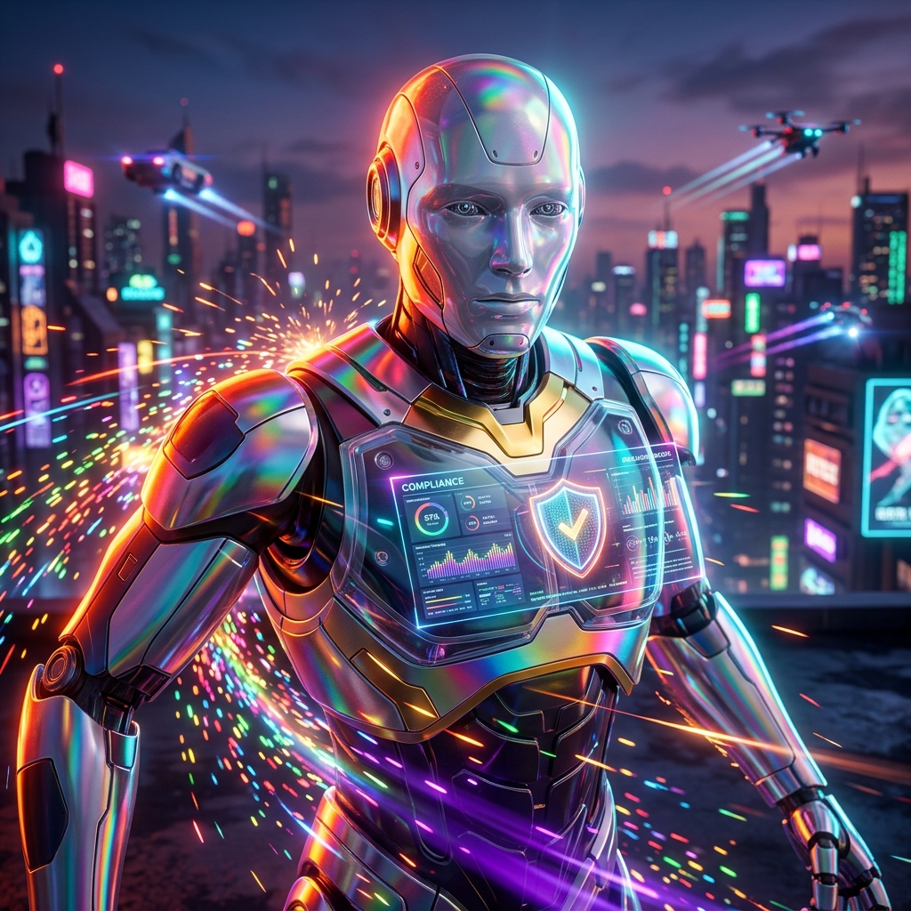ComplySight Ledger — Financial Fraud Prevention & Compliance Int — Finance & Fintech category hero — chrome-plated bipedal android caught mid-motion, sparks and light particles trailing around it in rooftop overlooking a neon megacity skyline at dusk, drones flying in the distance