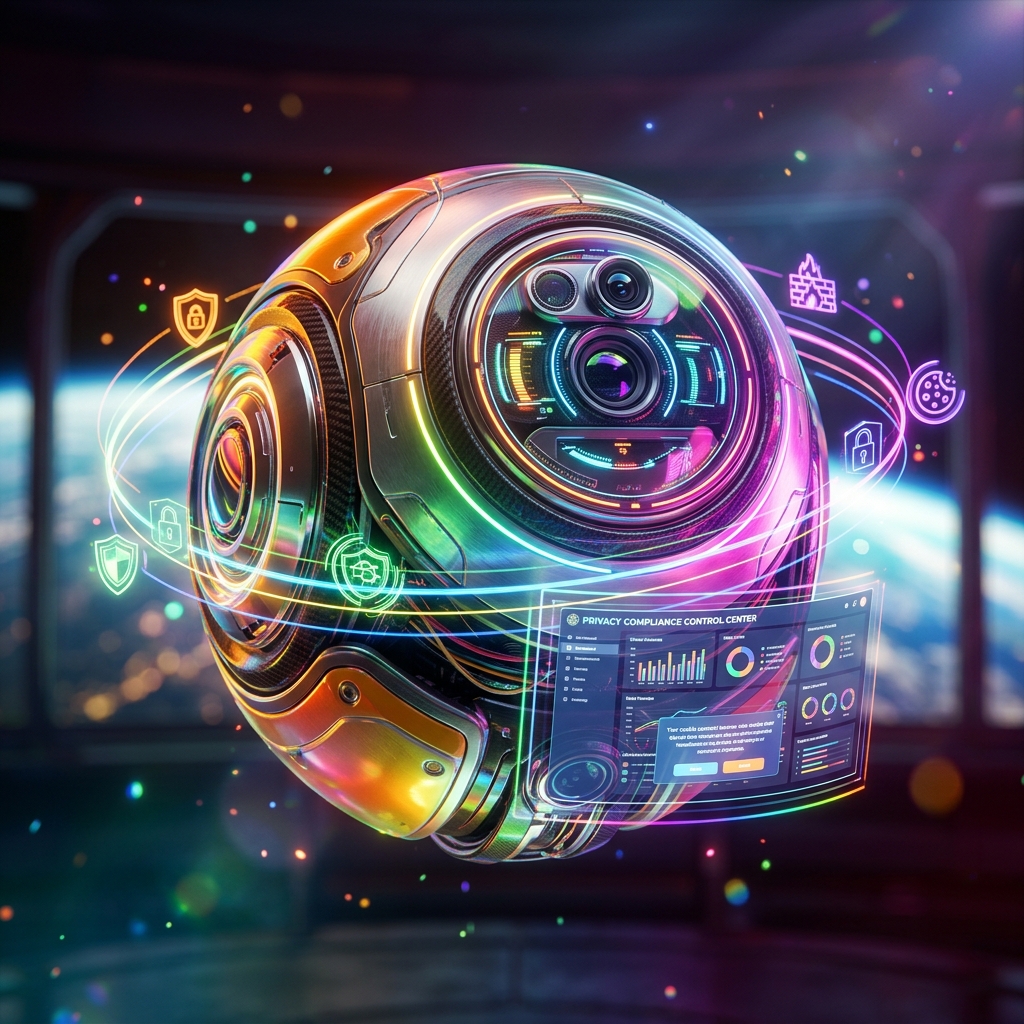 ConsentForge — Privacy & Cookie Compliance Command — Antivirus & Cybersecurity category hero — floating spherical AI orb with concentric glowing rings and orbiting holographic icons around it in orbital space station observation deck with a planet glowing outside the panoramic window