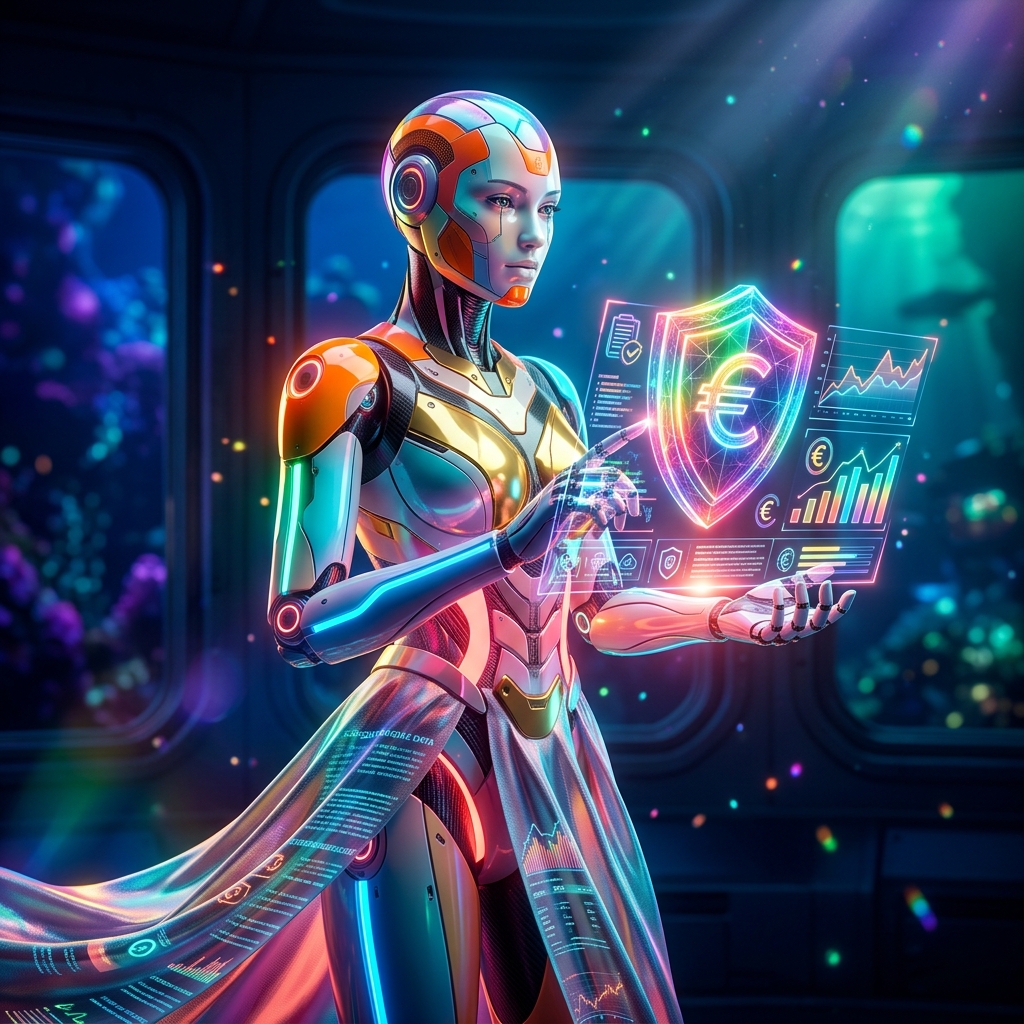 ConsentLedger · GDPR Financial Command — Finance & Fintech category hero — elegant fashion-forward android in flowing reflective couture fabric, editorial pose in deep-sea research bay with bulkhead windows onto a bioluminescent ocean