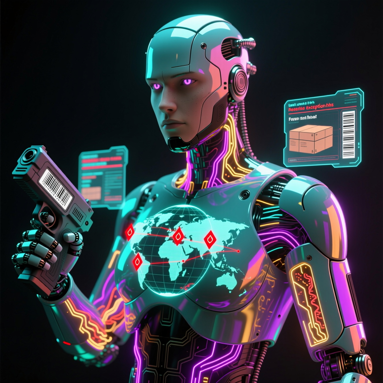 ConsignClinic — Parcel Exception Command Center — Legal category hero — cinematic cyborg character seen in three-quarter profile, exposed circuitry glowing beneath translucent skin, intense neon rim light in underground rave-like data cathedral with laser beams cutting through smoke