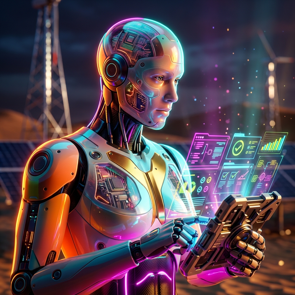 ConstructAudit · Compliance Intelligence Ledger for Construction — Project Management category hero — cinematic cyborg character seen in three-quarter profile, exposed circuitry glowing beneath translucent skin, intense neon rim light in desert solar farm at magic hour with reflective sand and towering chrome pylons