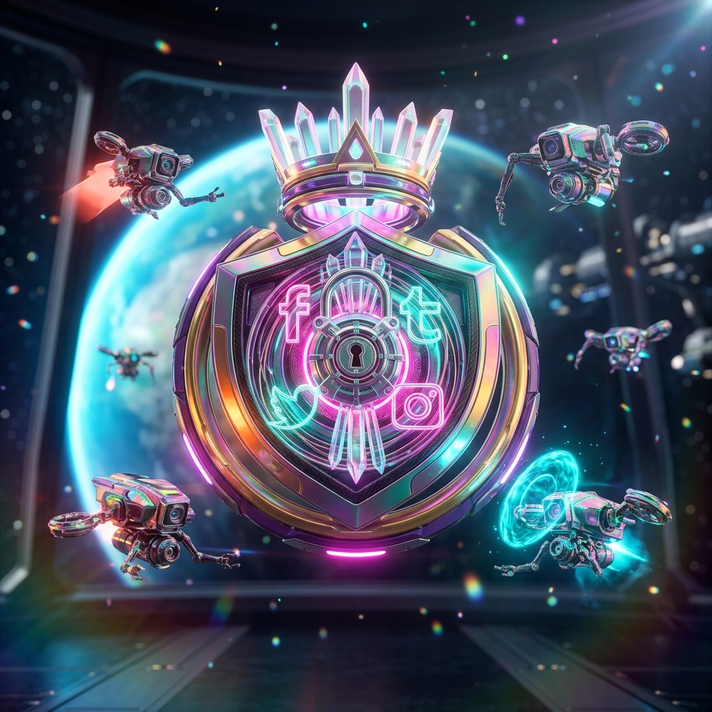 Content Ops Grid — Social Media Command — Social Media category hero — glowing digital shield / padlock / crown / crystal object at the frame center, protected by hovering tech drones in orbital space station observation deck with a planet glowing outside the panoramic window