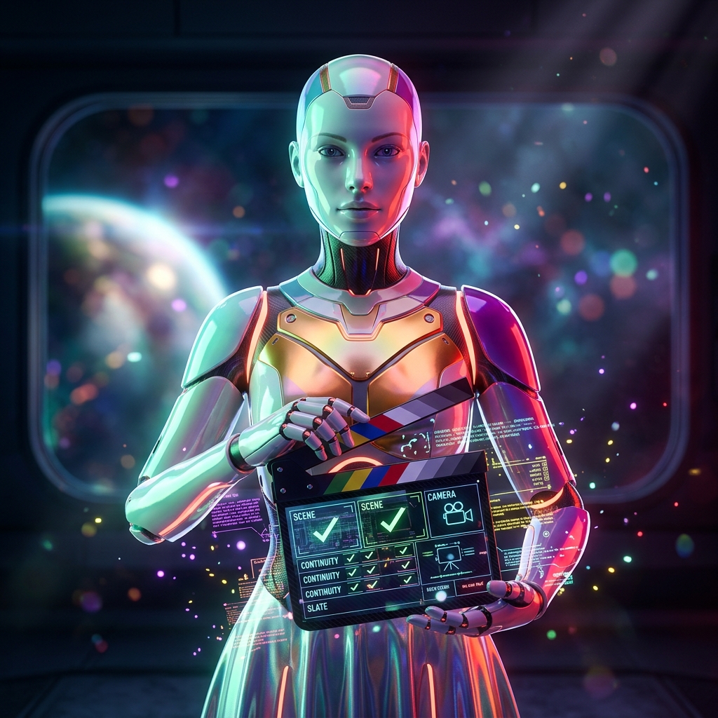 Continuity Command — Director's Continuity & Case Control — Productivity & Productivity Suites category hero — elegant fashion-forward android in flowing reflective couture fabric, editorial pose in orbital space station observation deck with a planet glowing outside the panoramic window