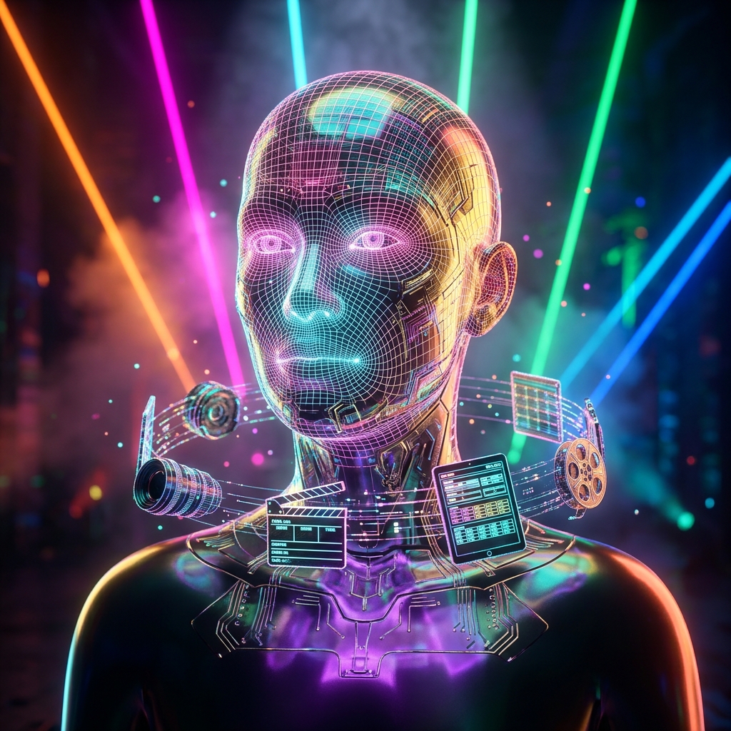 Continuity Command — Field Operations Grid for Film Directors — Tools category hero — wireframe holographic human head made of glowing data points, floating in the frame center in underground rave-like data cathedral with laser beams cutting through smoke