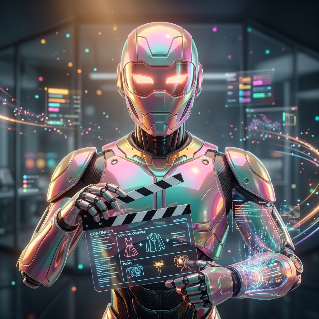 Continuity Command — Film Continuity Control Grid — AI Tools category hero — hyper-detailed humanoid robot with glossy plating and glowing visor eyes, striking a confident hero pose in the center of the frame in sleek high-tech laboratory with glass walls, floating data panels and particle light