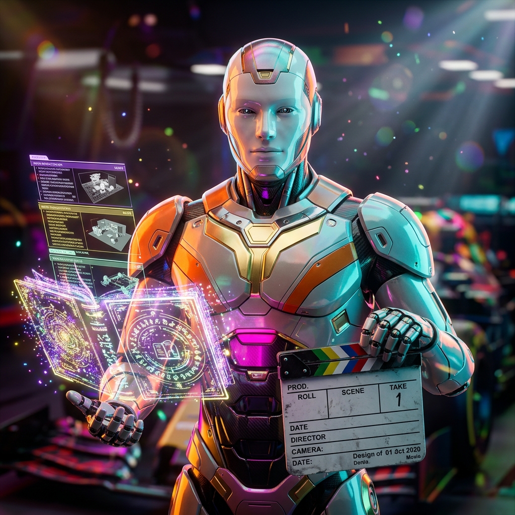 Continuity Command — Film Production Continuity Terminal — 3D Modeling category hero — sci-fi wizard robot with a floating spellbook of holographic glyphs and light particles in Formula-1 style pit garage with saturated color lighting and mechanical detail