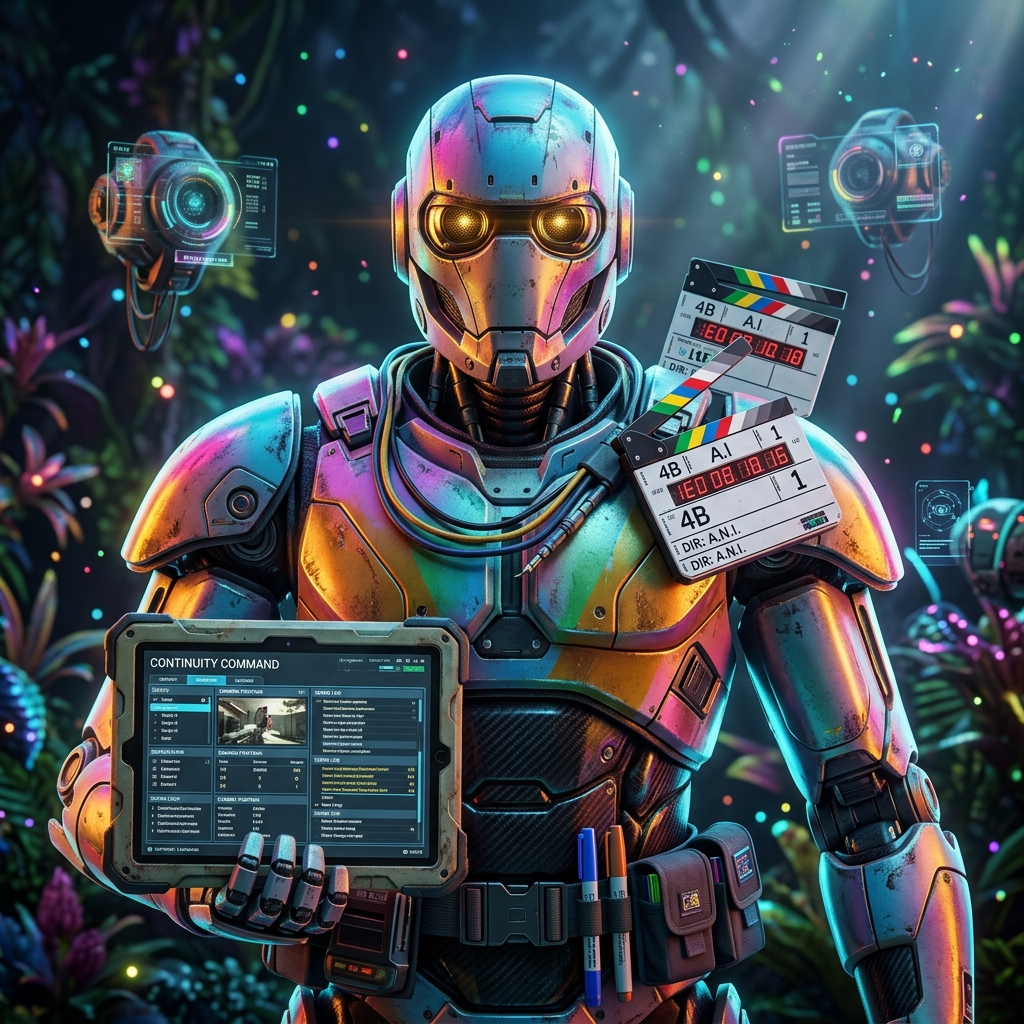 Continuity Command | Film Set Continuity & Script Supervision — Tools category hero — war-worn but heroic mech pilot robot with painted panels, weathered detail, cinematic hero lighting in alien jungle biome with glowing flora and floating tech artifacts
