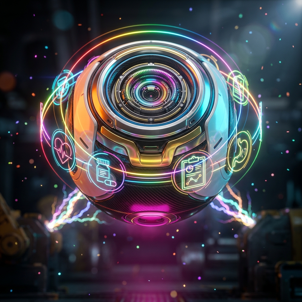 ContinuumCare — Internist Chronic Care Navigator — Health category hero — floating spherical AI orb with concentric glowing rings and orbiting holographic icons around it in magnetic-levitation factory floor with sparking arcs of electricity and machinery