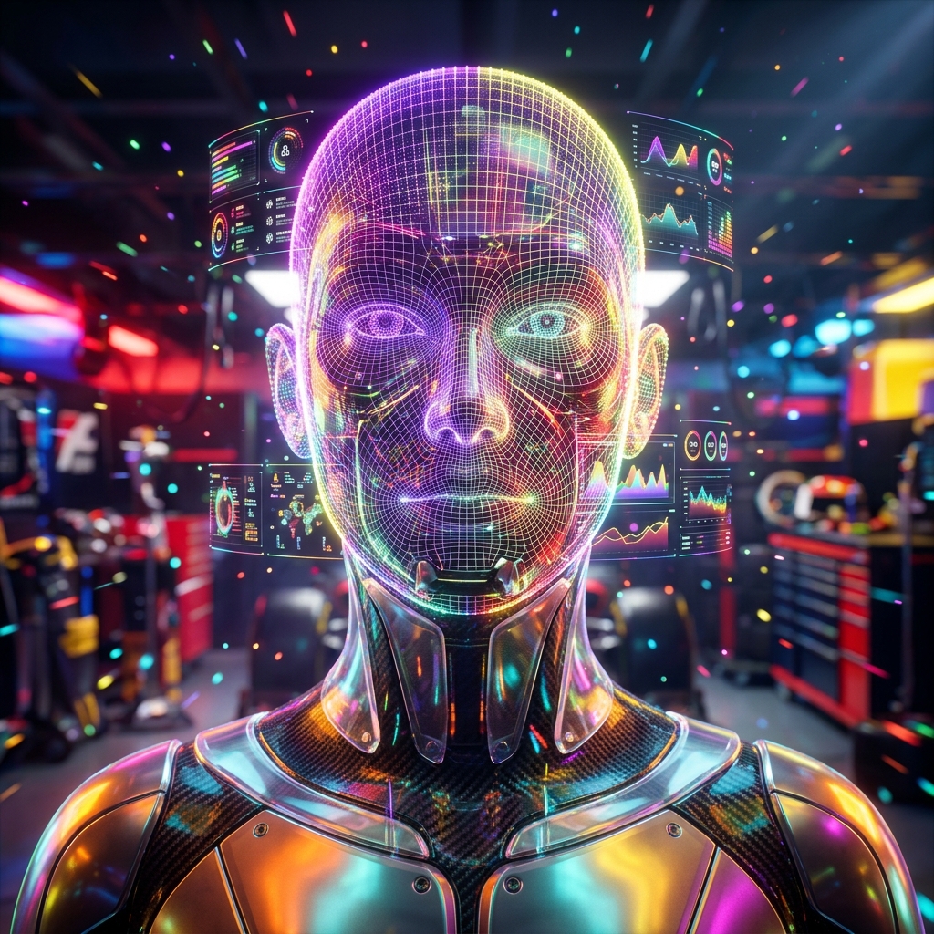 ContinuumGrid | Engineering Reliability Console — Tutorials category hero — wireframe holographic human head made of glowing data points, floating in the frame center in Formula-1 style pit garage with saturated color lighting and mechanical detail