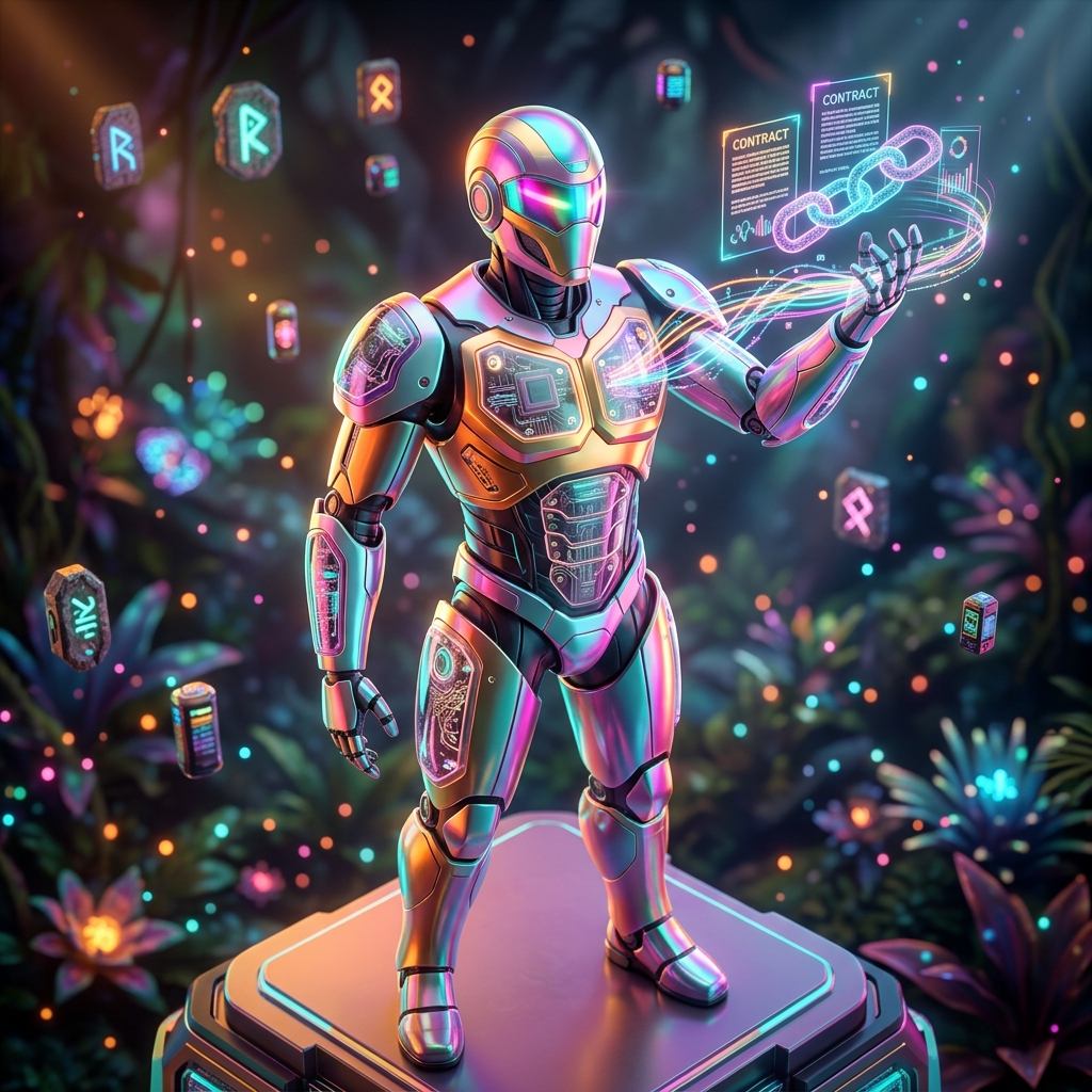 ContractChain · Compliance Intelligence Ledger — Legal category hero — hyper-detailed humanoid robot with glossy plating and glowing visor eyes, striking a confident hero pose in the center of the frame in alien jungle biome with glowing flora and floating tech artifacts
