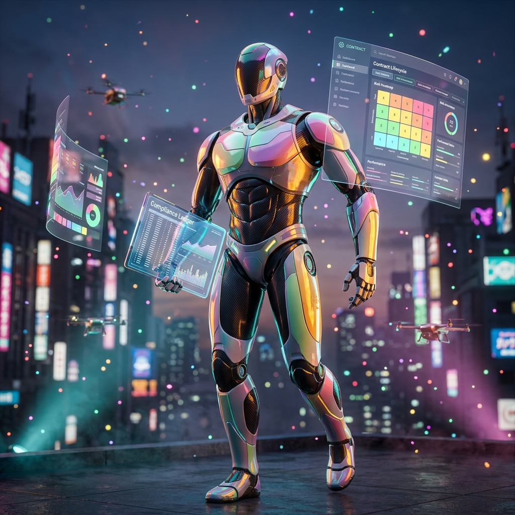 ContractCLM — Compliance Intelligence Ledger — Document Management category hero — sleek sports-car-inspired bipedal android mid-motion, carbon-fiber musculature and glowing accent lines in rooftop overlooking a neon megacity skyline at dusk, drones flying in the distance