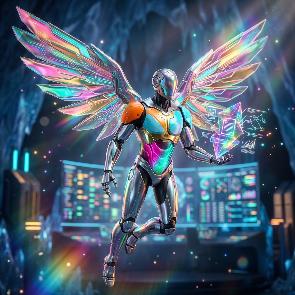 ContractCore Nexus – Supply Chain Contract Command — Business Management category hero — courier-style android with iridescent wings unfurled, mid-flight silhouette against the environment in crystalline ice cavern lit by bioluminescent tech installations