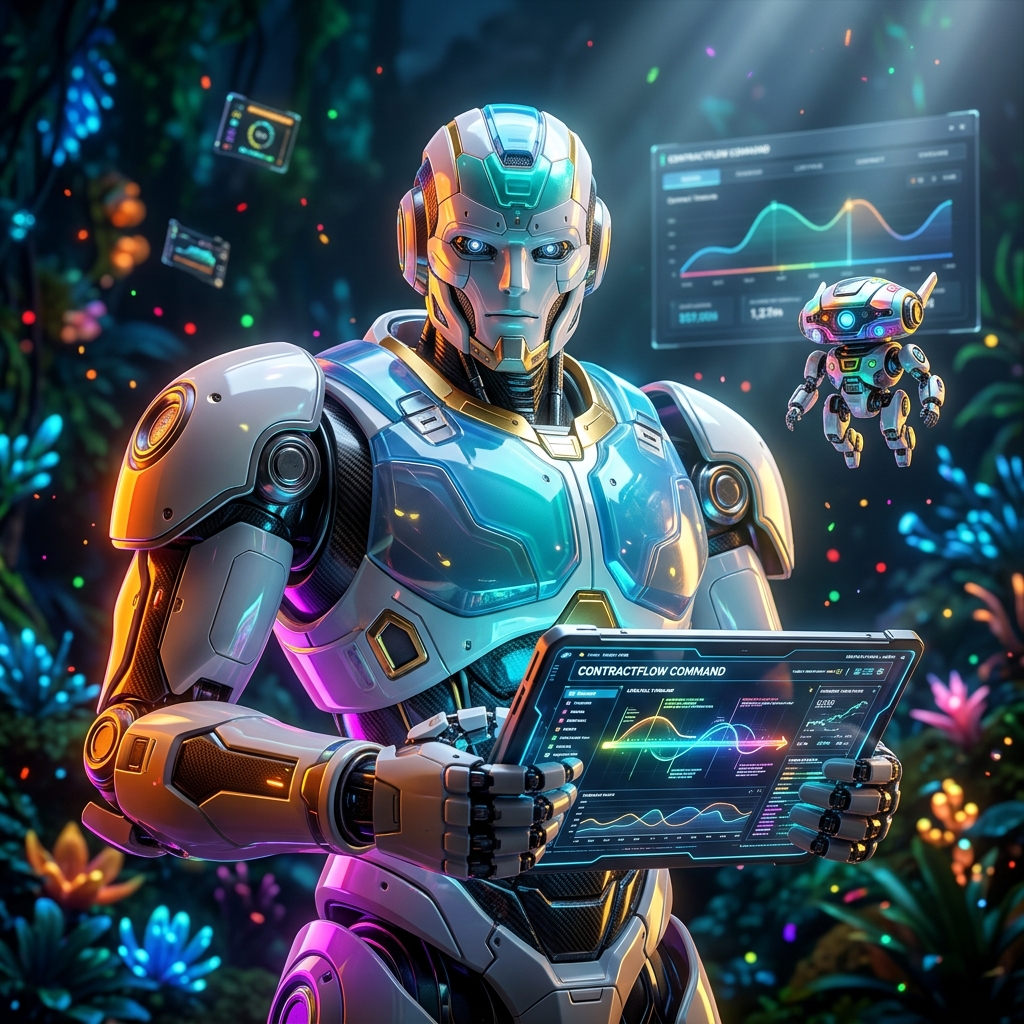 ContractFlow Command — Contract Lifecycle Engineering Console — Business Management category hero — duo of contrasting robots — one large hero mech and a small companion droid — composed cinematically in alien jungle biome with glowing flora and floating tech artifacts