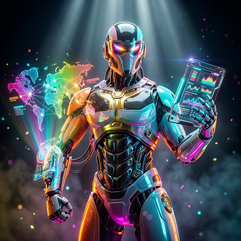 ContractPulse — Campaign Command Wall — Global Business & Corporate Services category hero — hyper-detailed humanoid robot with glossy plating and glowing visor eyes, striking a confident hero pose in the center of the frame in dark cinematic stage with dramatic spotlights streaming down and a hazy atmospheric fog