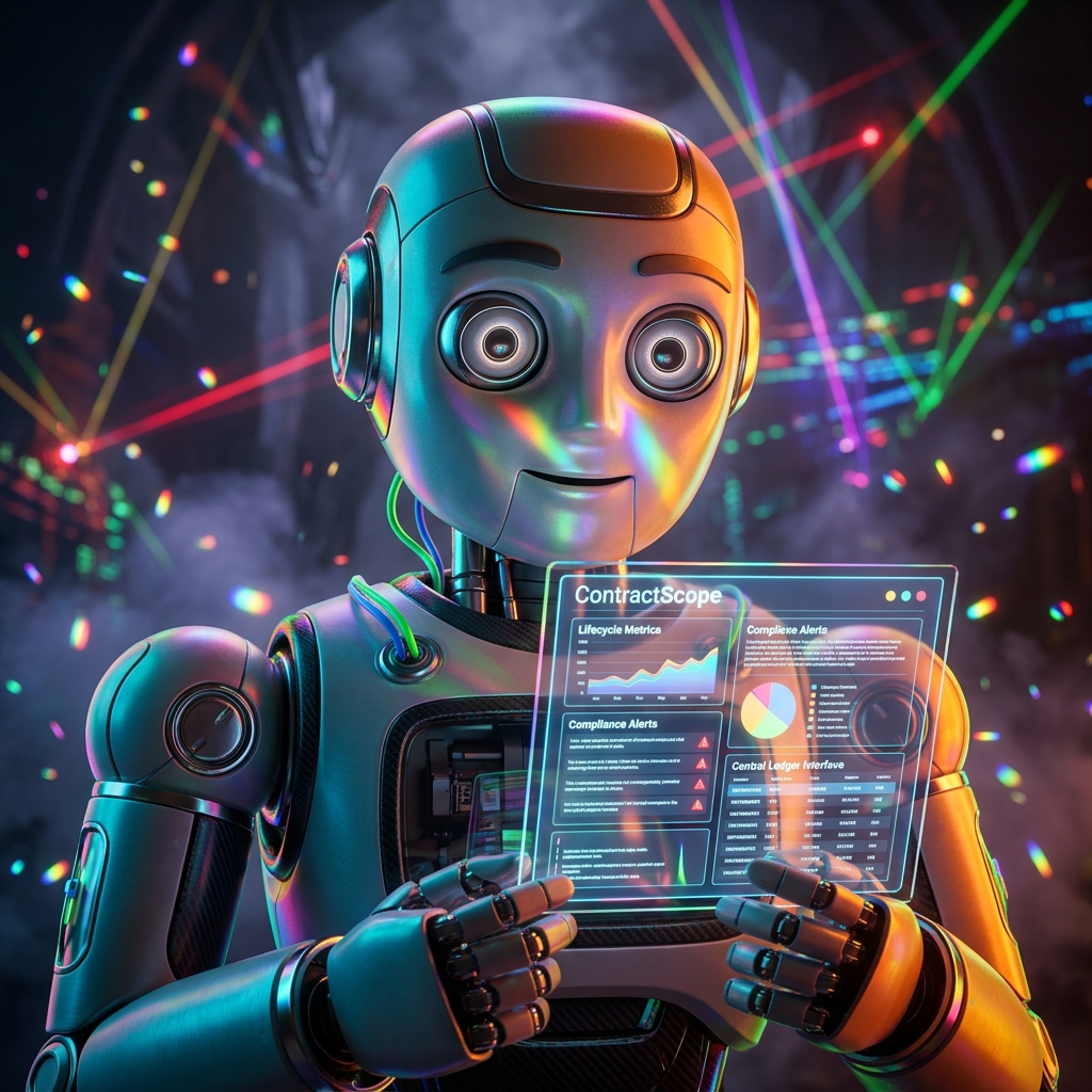 ContractScope — Compliance Intelligence Ledger — Legal category hero — friendly Pixar-quality mascot robot with big expressive optical eyes, holding an object that represents the category in underground rave-like data cathedral with laser beams cutting through smoke