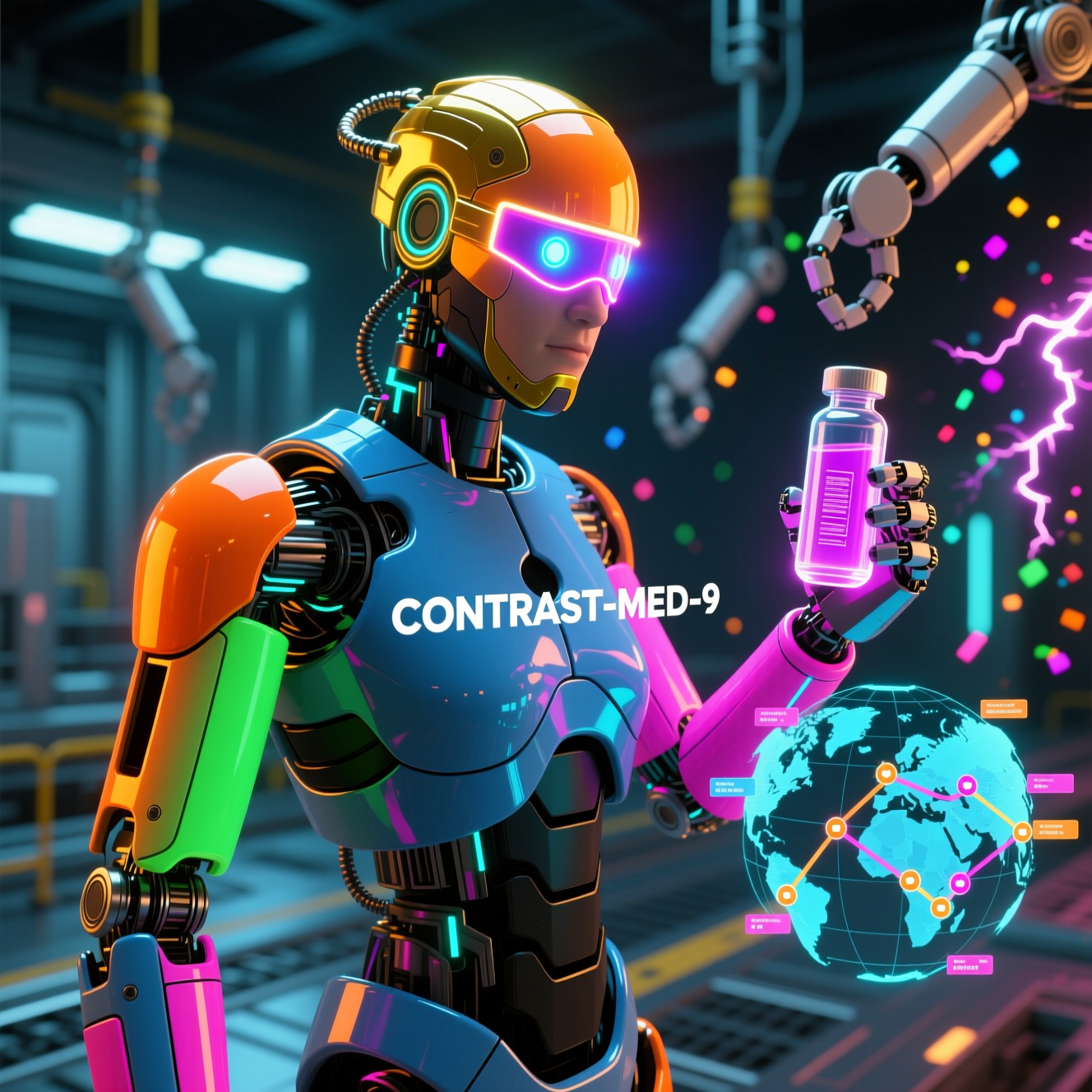 ContrastGrid Operations Center — Version Control category hero — hyper-detailed humanoid robot with glossy plating and glowing visor eyes, striking a confident hero pose in the center of the frame in magnetic-levitation factory floor with sparking arcs of electricity and machinery