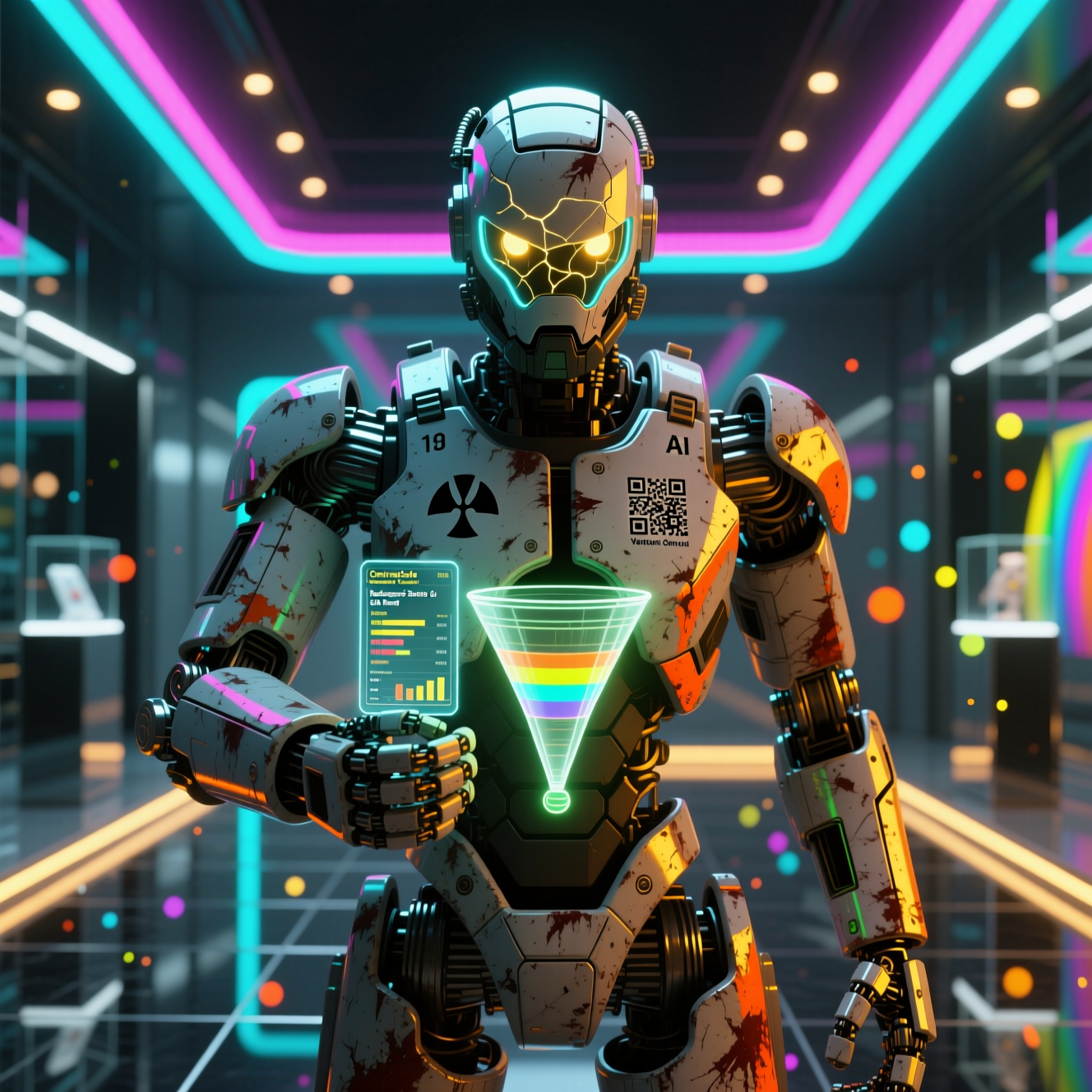 ContrastSafe Command — Radiology Contrast Safety & QA Board — Version Control category hero — war-worn but heroic mech pilot robot with painted panels, weathered detail, cinematic hero lighting in chrome-and-glass showroom with mirrored floor and rim-lit product staging