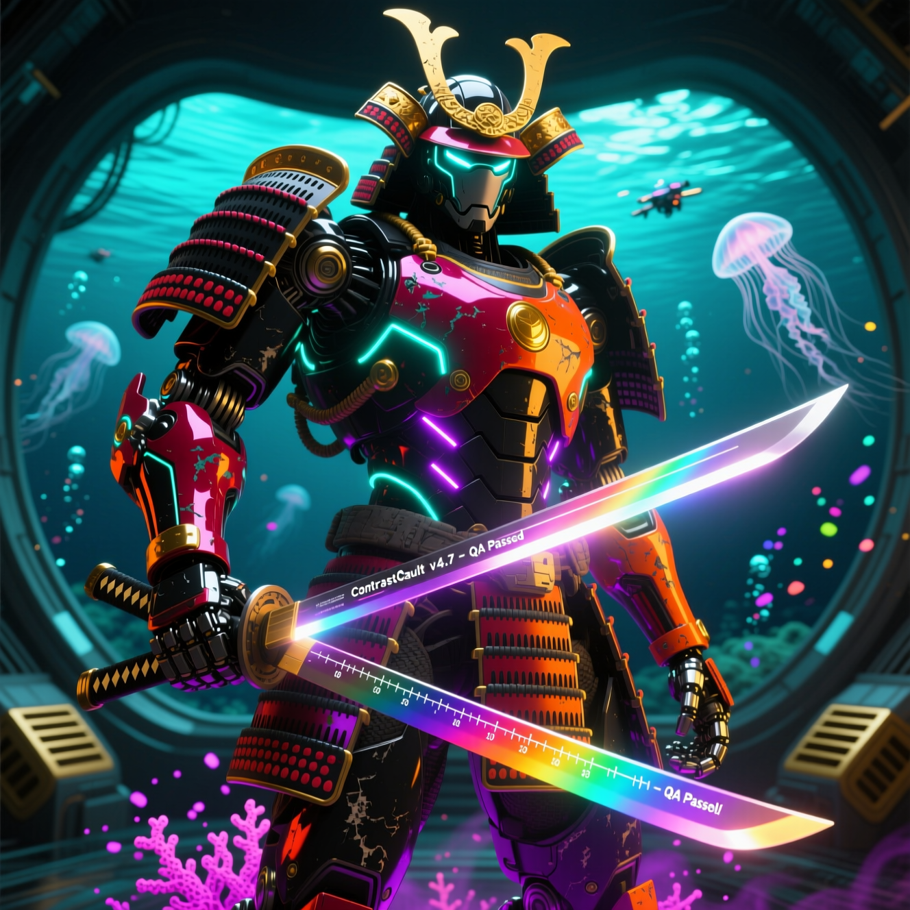 ContrastVault Studio — Contrast Safety & QA Production Suite — Version Control category hero — majestic samurai-styled mech in lacquered armor with neon under-glow, katana of light in hand in deep-sea research bay with bulkhead windows onto a bioluminescent ocean