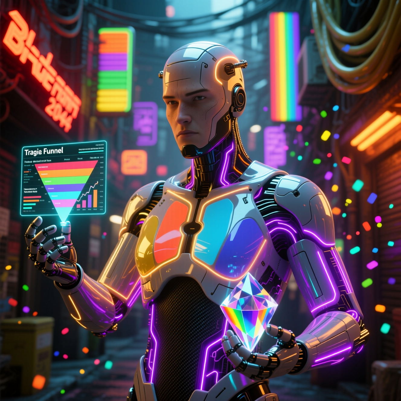 ContraxVault — Contrast Safety & QA Command Center — Version Control category hero — cinematic cyborg character seen in three-quarter profile, exposed circuitry glowing beneath translucent skin, intense neon rim light in Blade-Runner-style noodle-shop alley with dense neon signage in the background