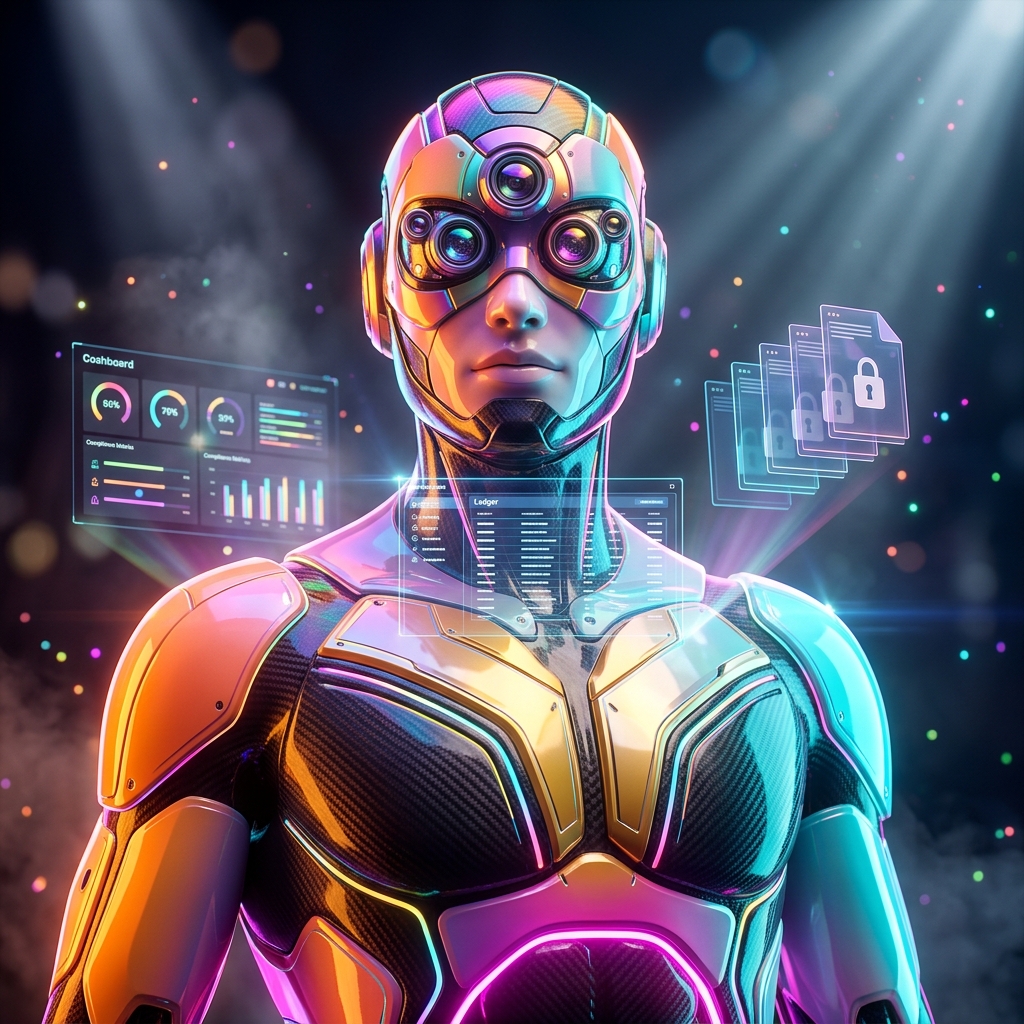 ControlLedger | Compliance Intelligence Ledger — Video Calls category hero — sleek sports-car-inspired bipedal android mid-motion, carbon-fiber musculature and glowing accent lines in dark cinematic stage with dramatic spotlights streaming down and a hazy atmospheric fog