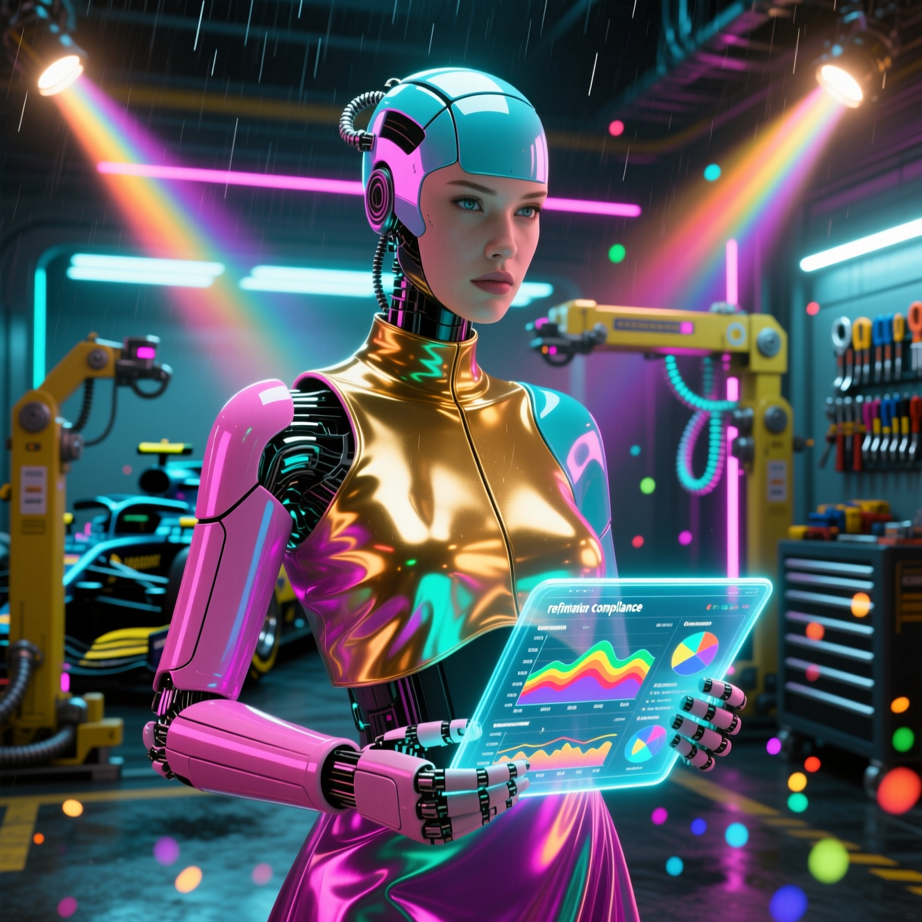 CoolTech FieldOps — Refrigeration Compliance Ledger — Version Control category hero — elegant fashion-forward android in flowing reflective couture fabric, editorial pose in Formula-1 style pit garage with saturated color lighting and mechanical detail